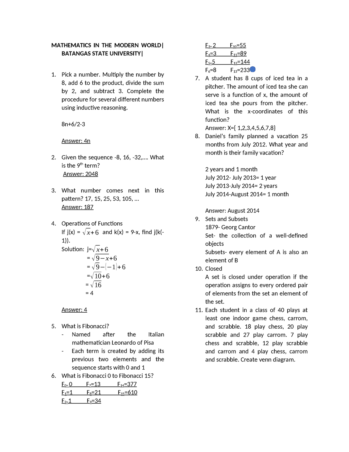 Mathematics In The Modern World Sample Activities With Answer And Notes ...