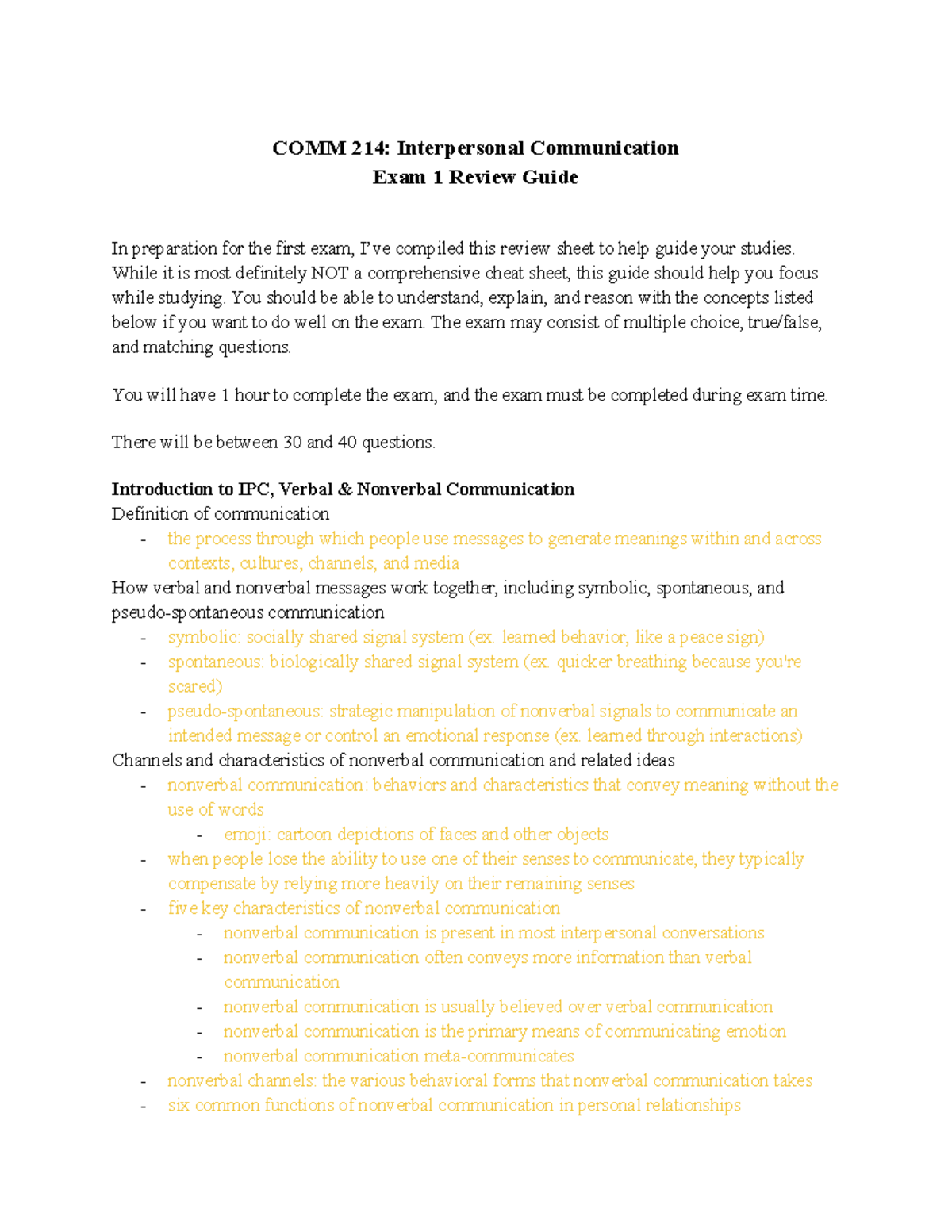 COMM 214 Exam Review Guide - COMM 214: Interpersonal Communication Exam ...