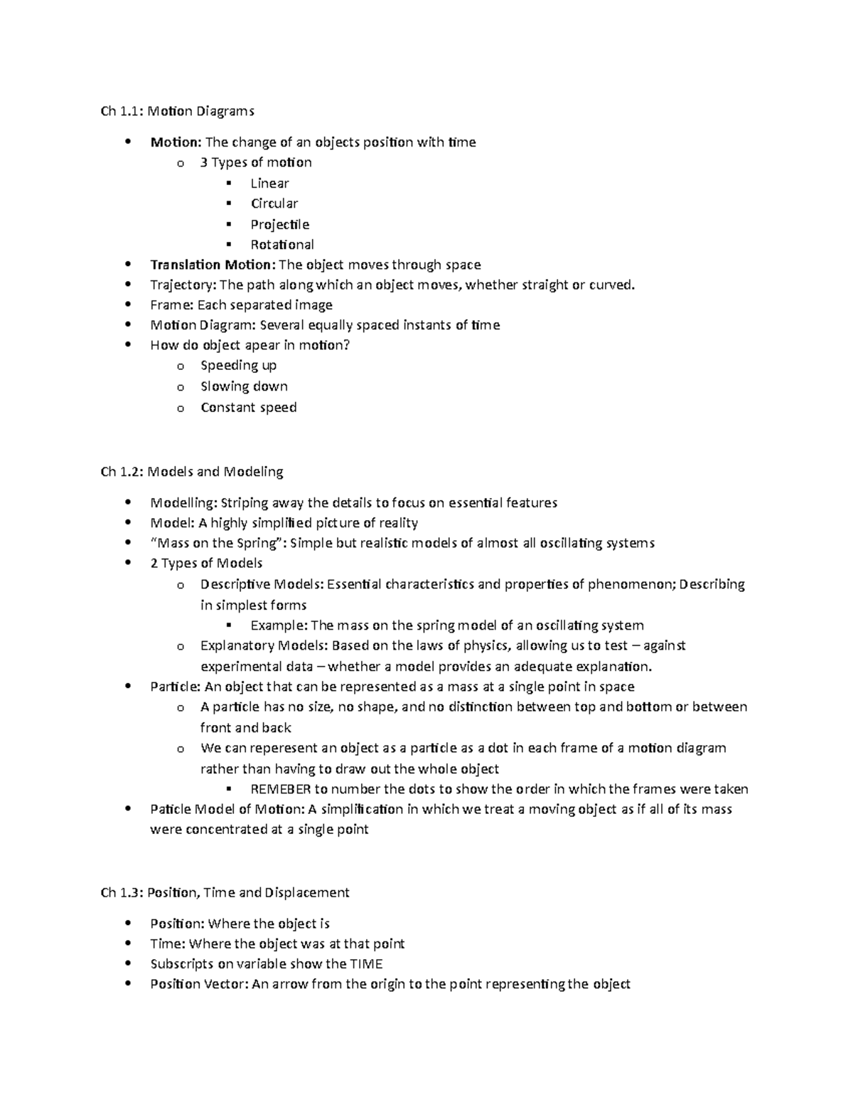 Phisycs Chapter 1 textbook notes Ch 1 Motion Diagrams Motion
