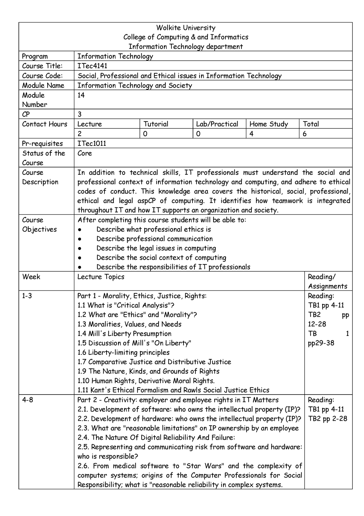 Ethics course outline - Lecture notes 1 - Wolkite University College of ...