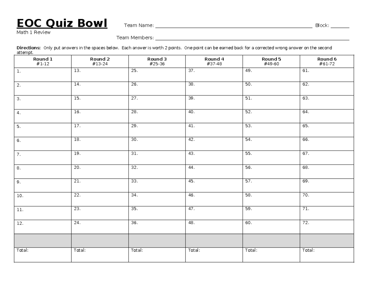 Quiz bowl score card 2 - assignment - EOC Quiz Bowl Team Name: - Studocu