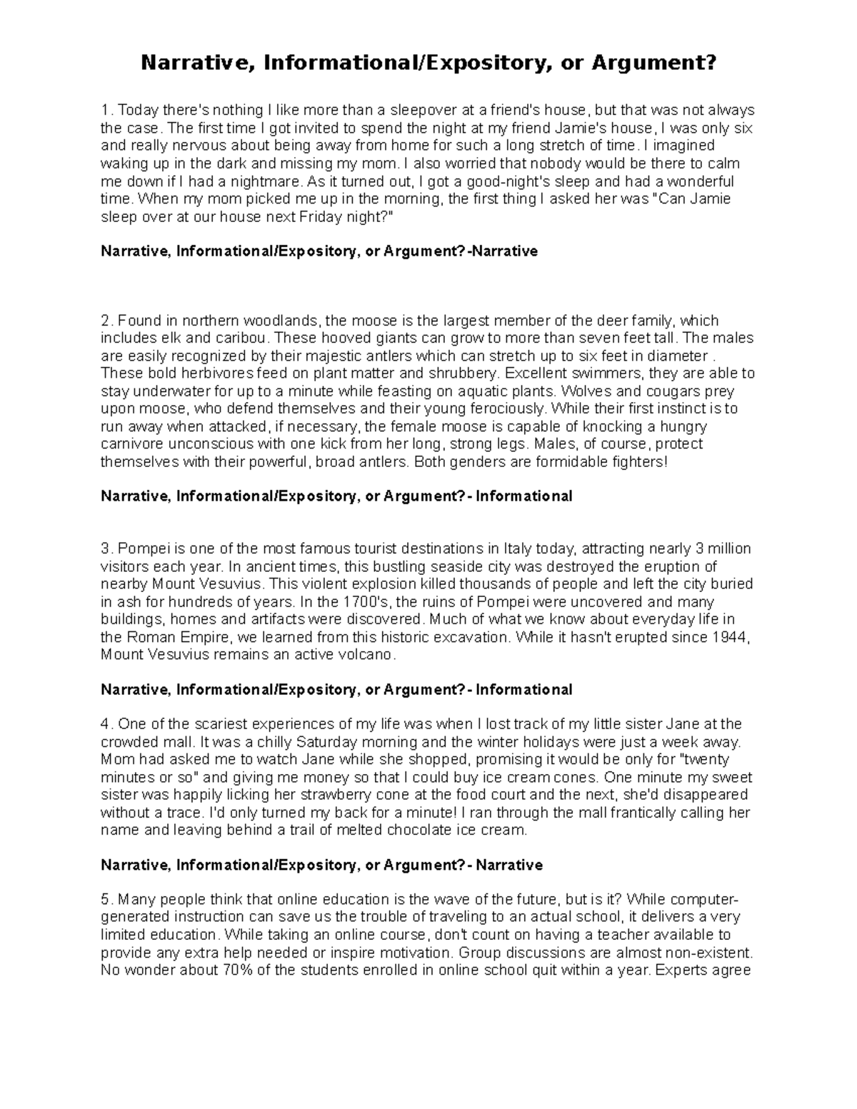 Author's Purpose Narrative, Informational/Expository, or Argument