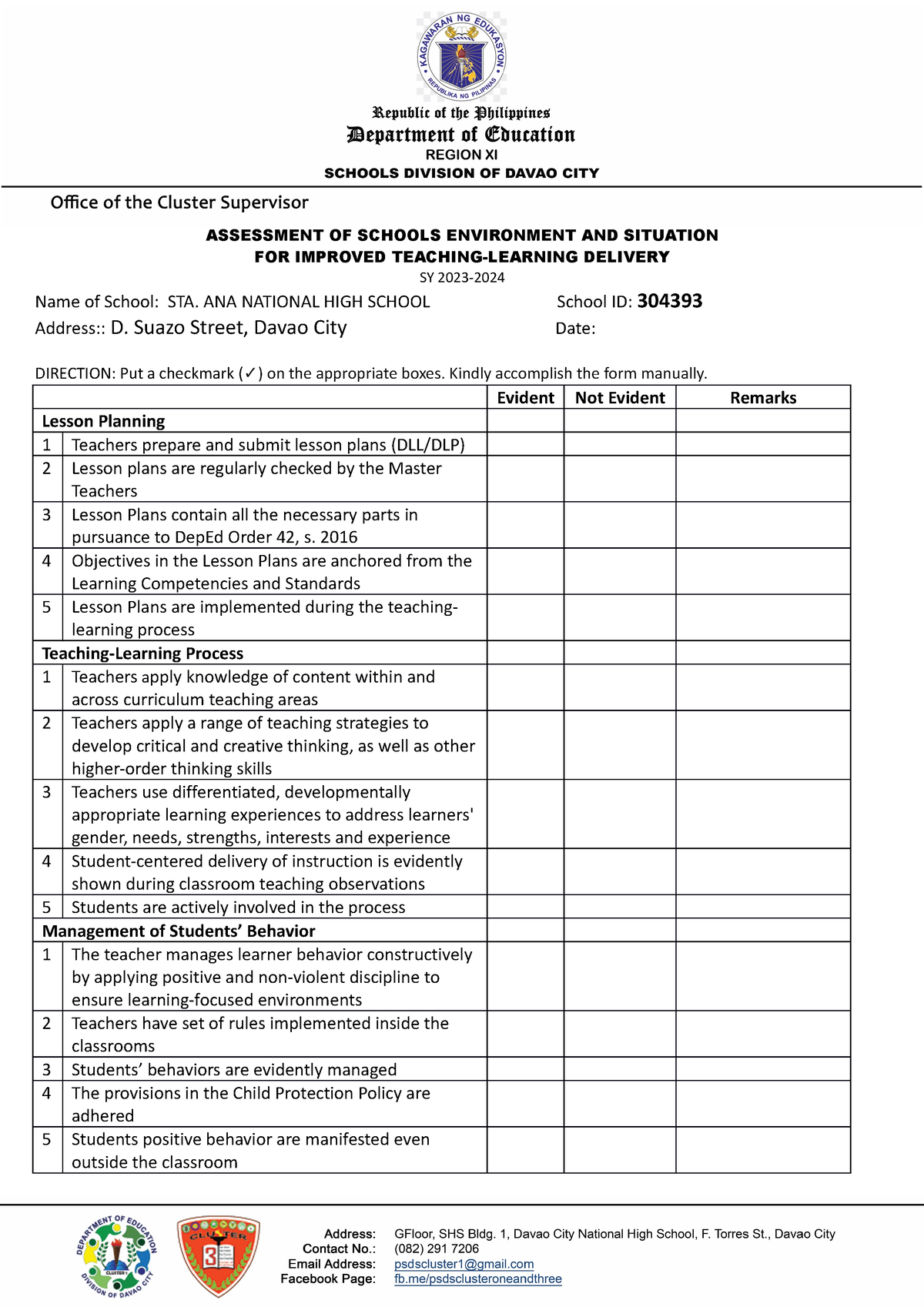 PSDS-Form-A3 PSDS monitoring - ASSESSMENT OF SCHOOLS ENVIRONMENT AND ...