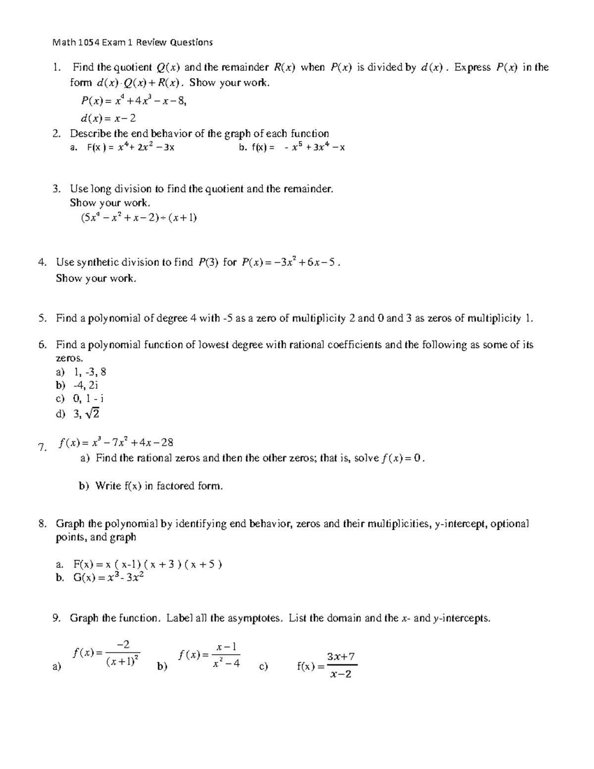 Math 1054- Review Exam 1 - Math 1054 Exam 1 Review Questions Find the ...