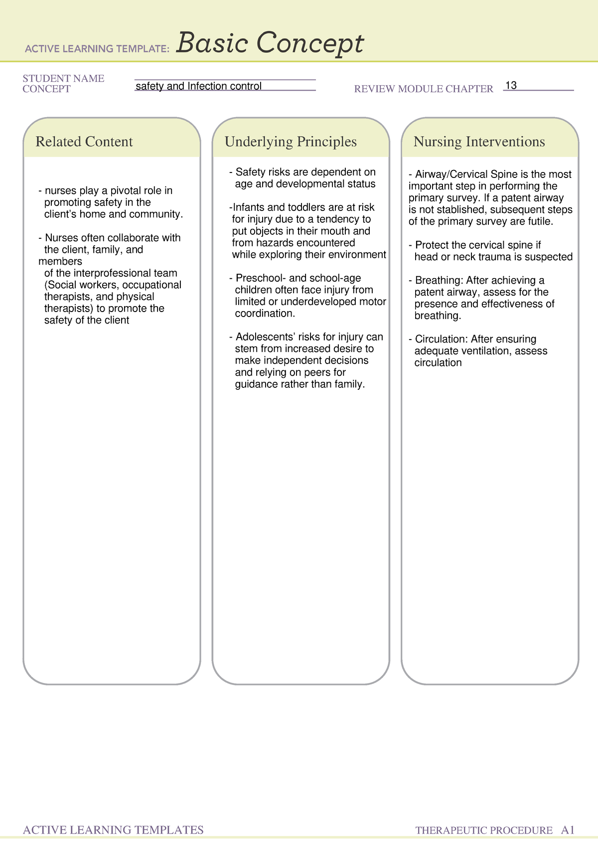 Active learning template for ati activity STUDENT NAME CONCEPT safety