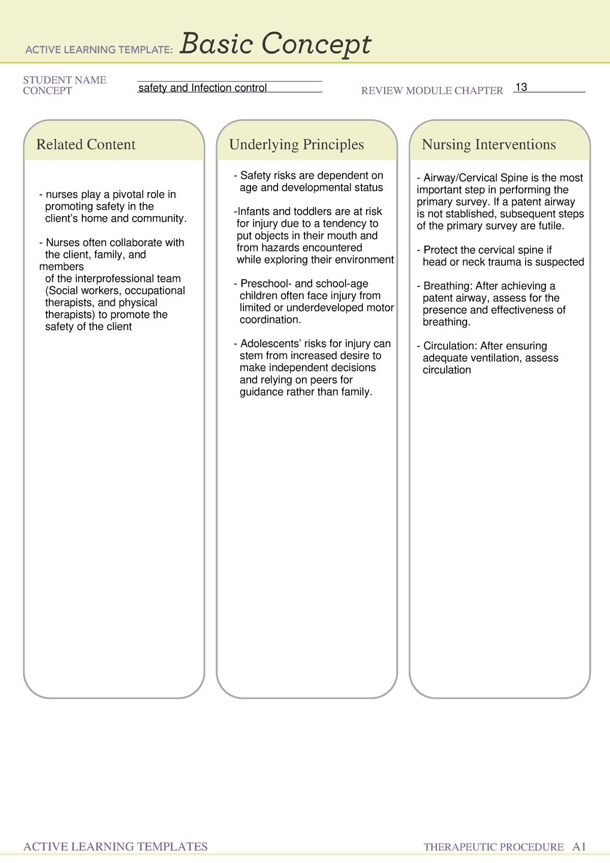 Active Learning Template For Ati Activity STUDENT NAME CONCEPT Safety 