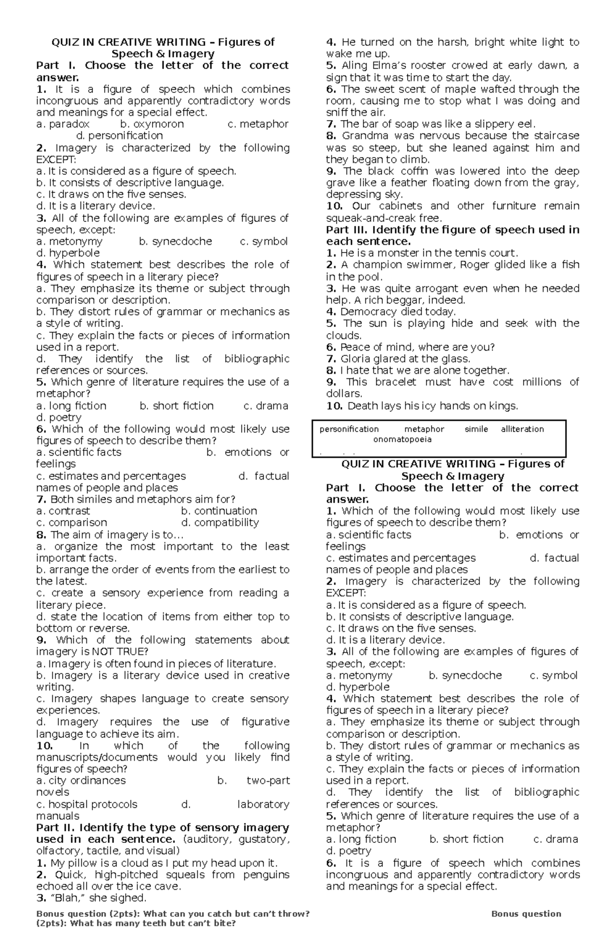 CWQ. imagery and figures of speech QUIZ IN CREATIVE WRITING Figures
