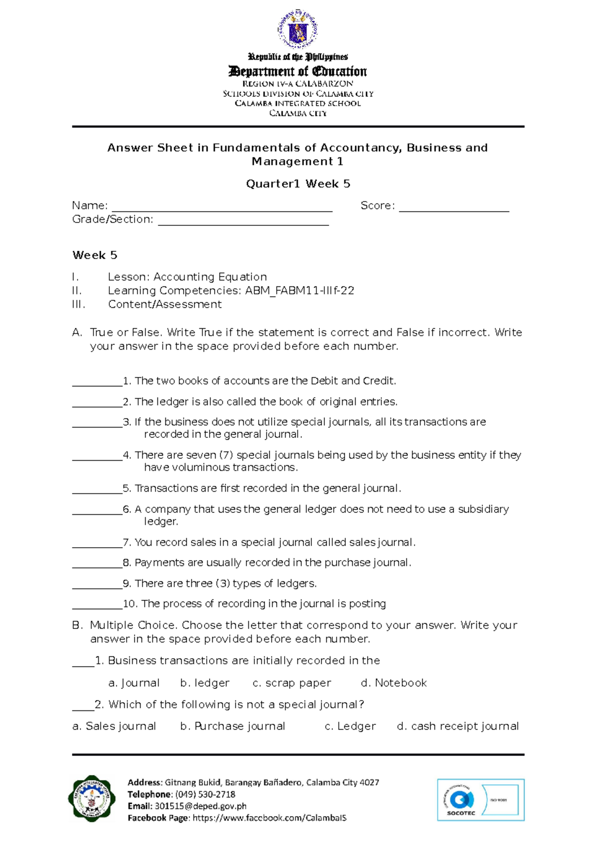 FABM 1-Answer Sheet-Q1-W5 - Answer Sheet in Fundamentals of Accountancy ...