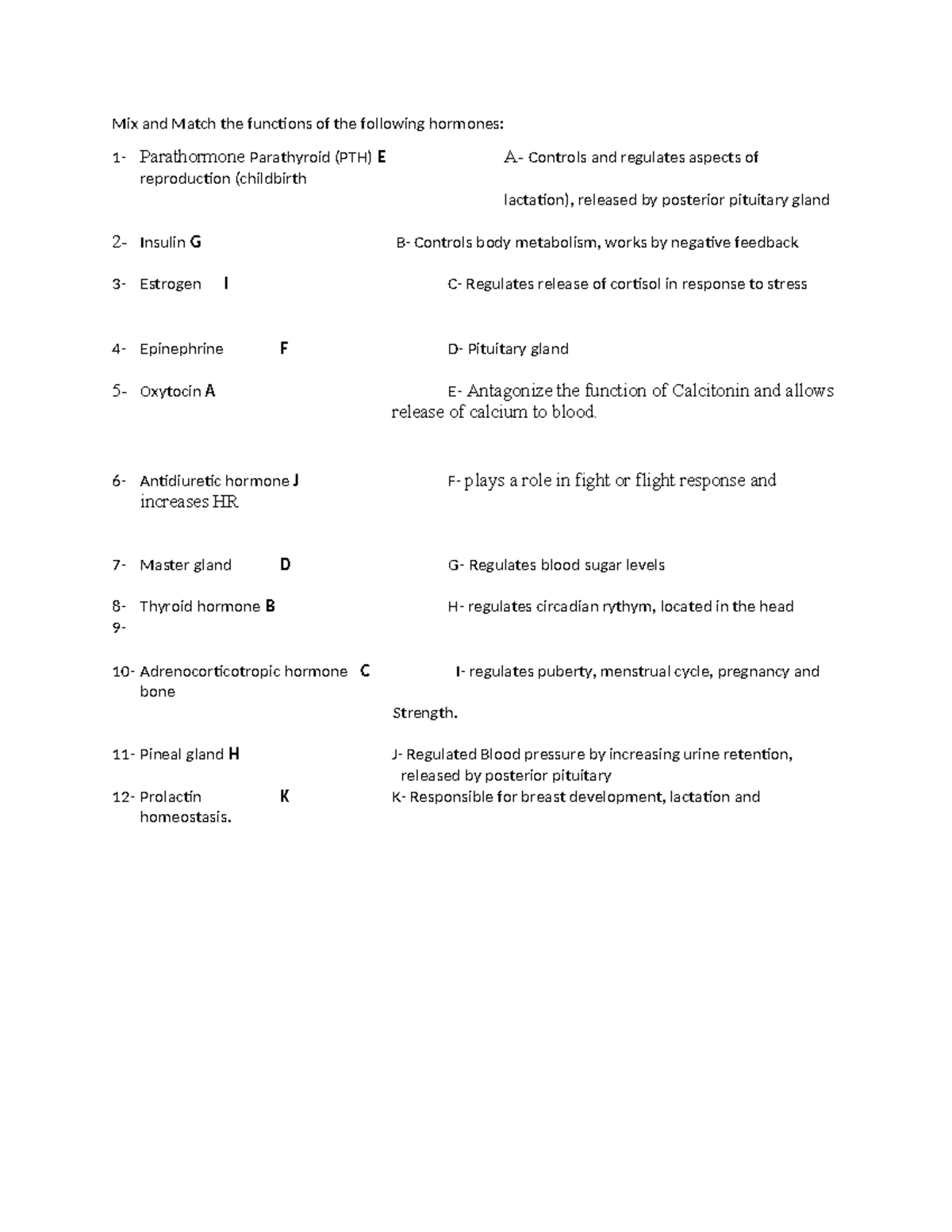 Endocrine Review q S - Summary Anatomy and Physiology - Mix and Match ...