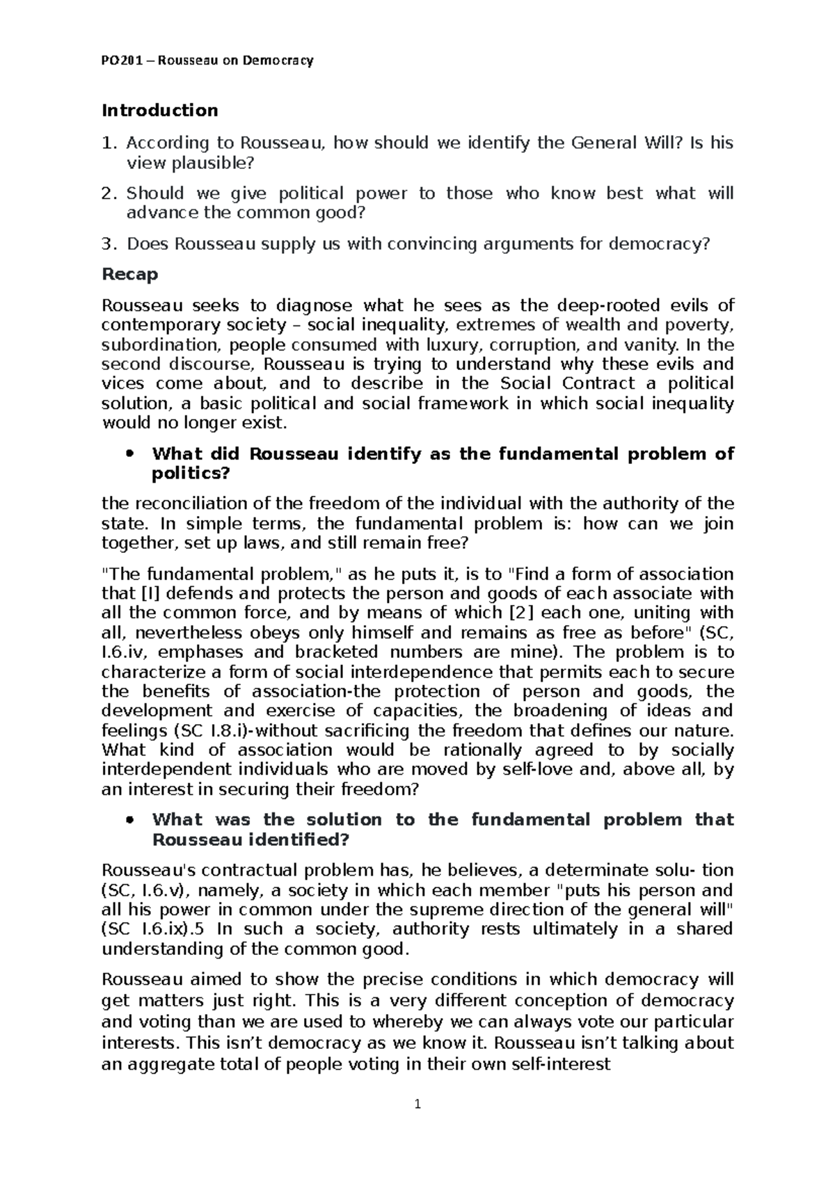 Week 1 Rousseau democracy Introduction According to Rousseau, how