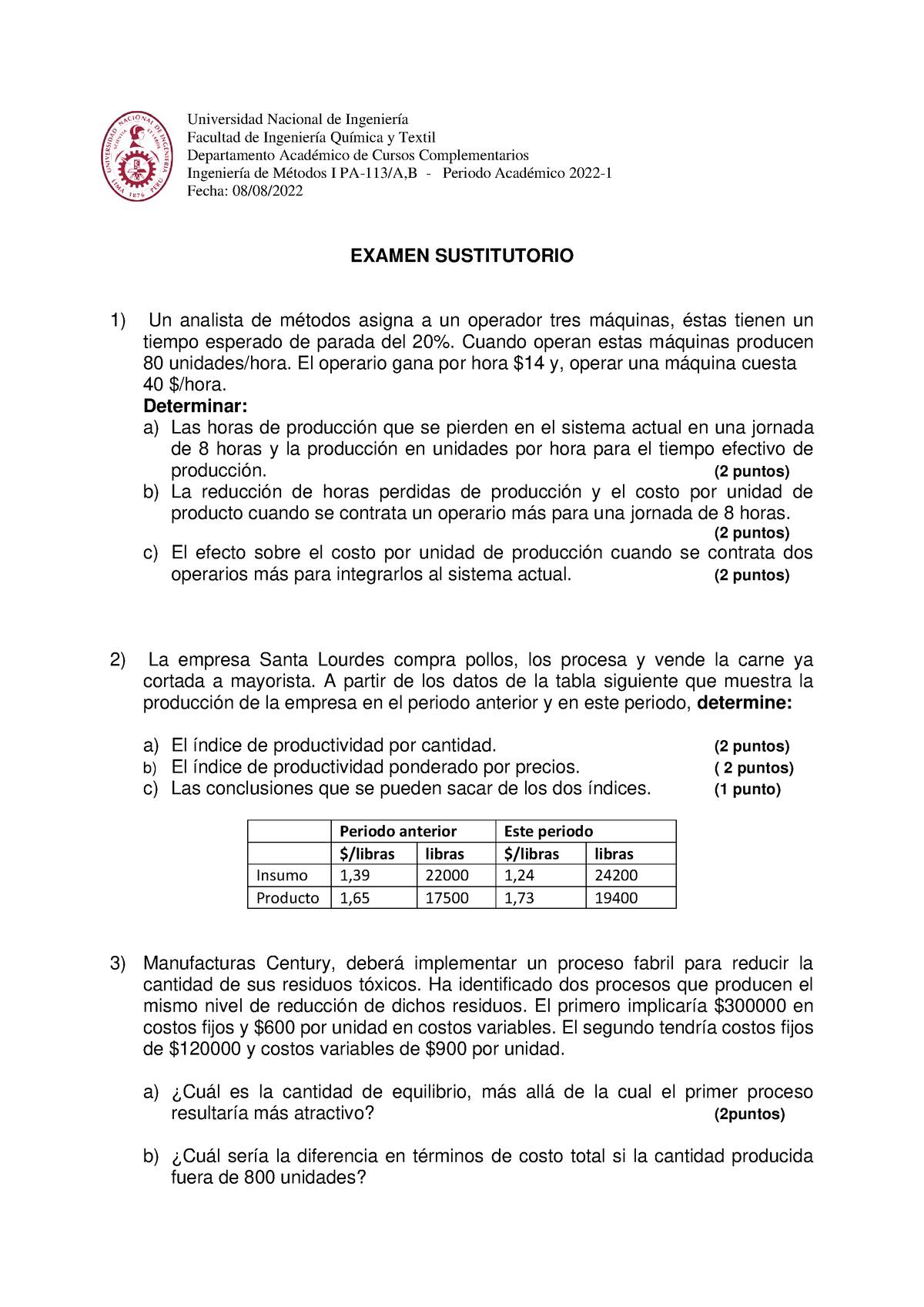 Examen Sustitutorio Ingenieria DE Metodos - Universidad Nacional De ...