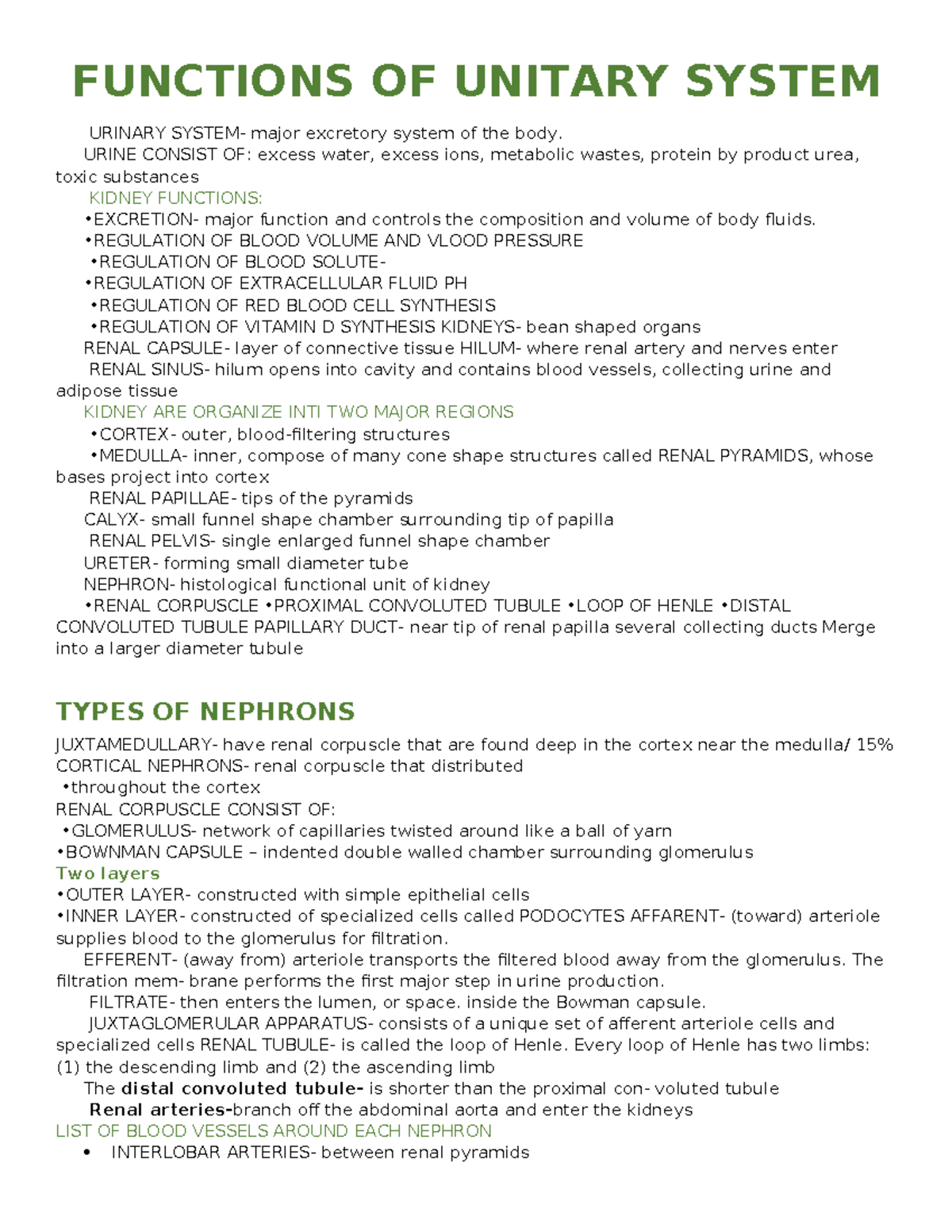 Functions OF Unitary System Urinary System- major excretory - FUNCTIONS ...
