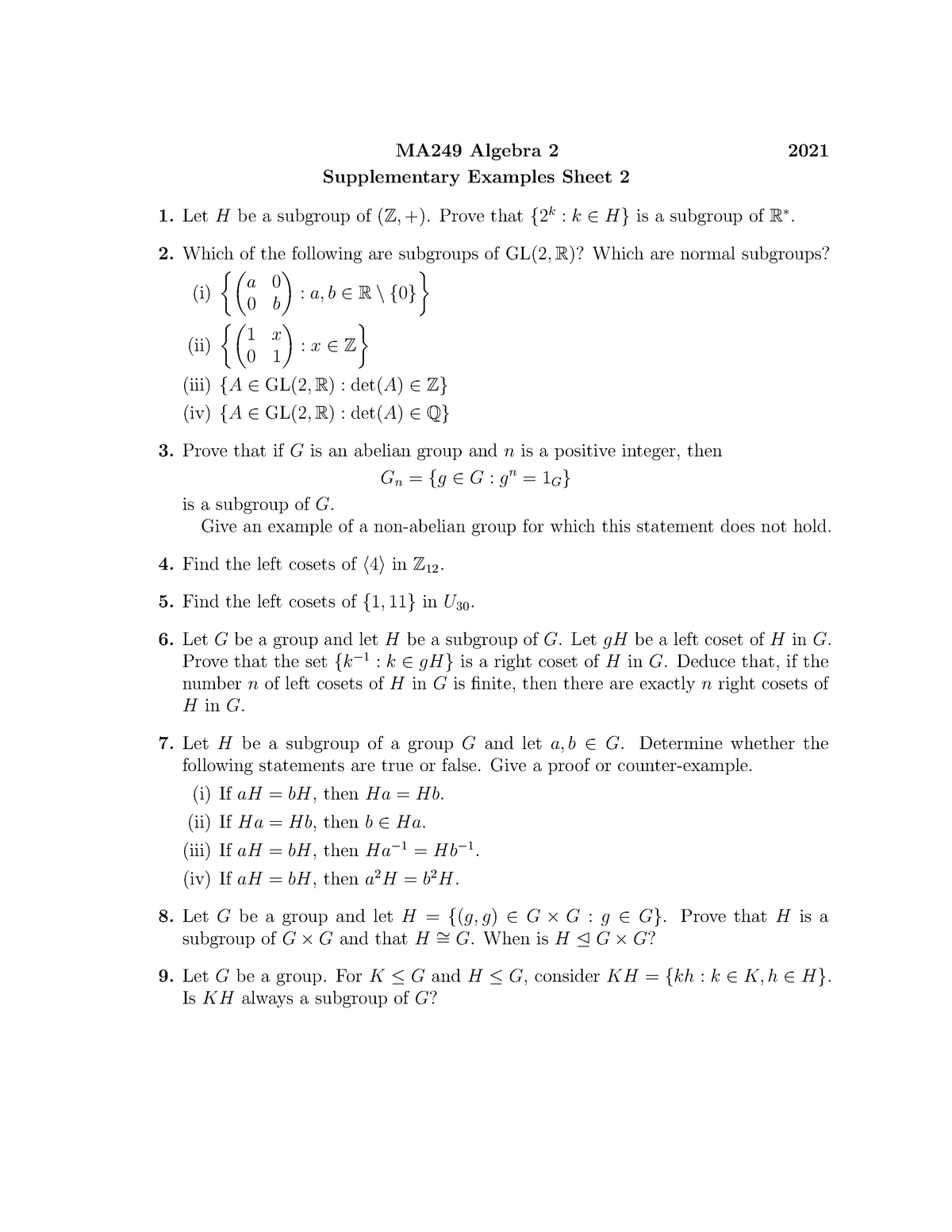 Supplementary Examples Sheet 2 Ma249 Algebra 21 Supplementary Examples Sheet Studocu