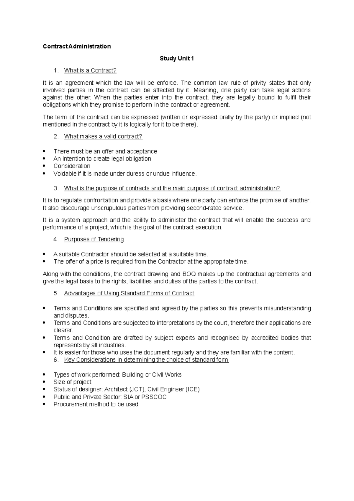 Contract Administration Study Notes Contract Administration Study 