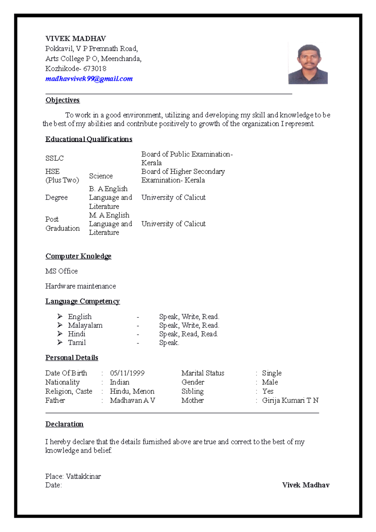 CV_example_model_biodata - VIVEK MADHAV Pokkavil, V P Premnath Road ...