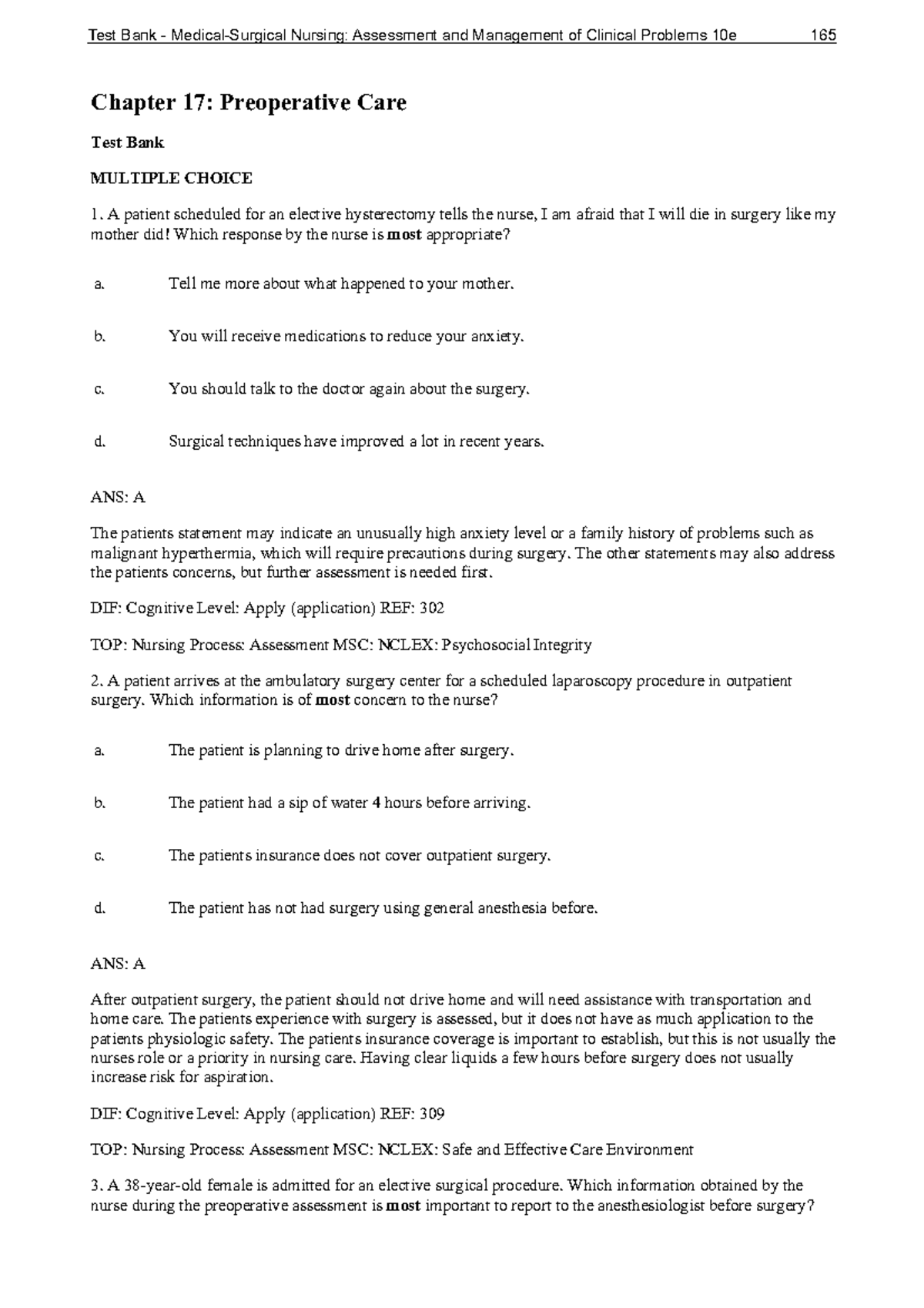 Chapter 17 Preoperative Care - Chapter 17: Preoperative Care Test Bank ...