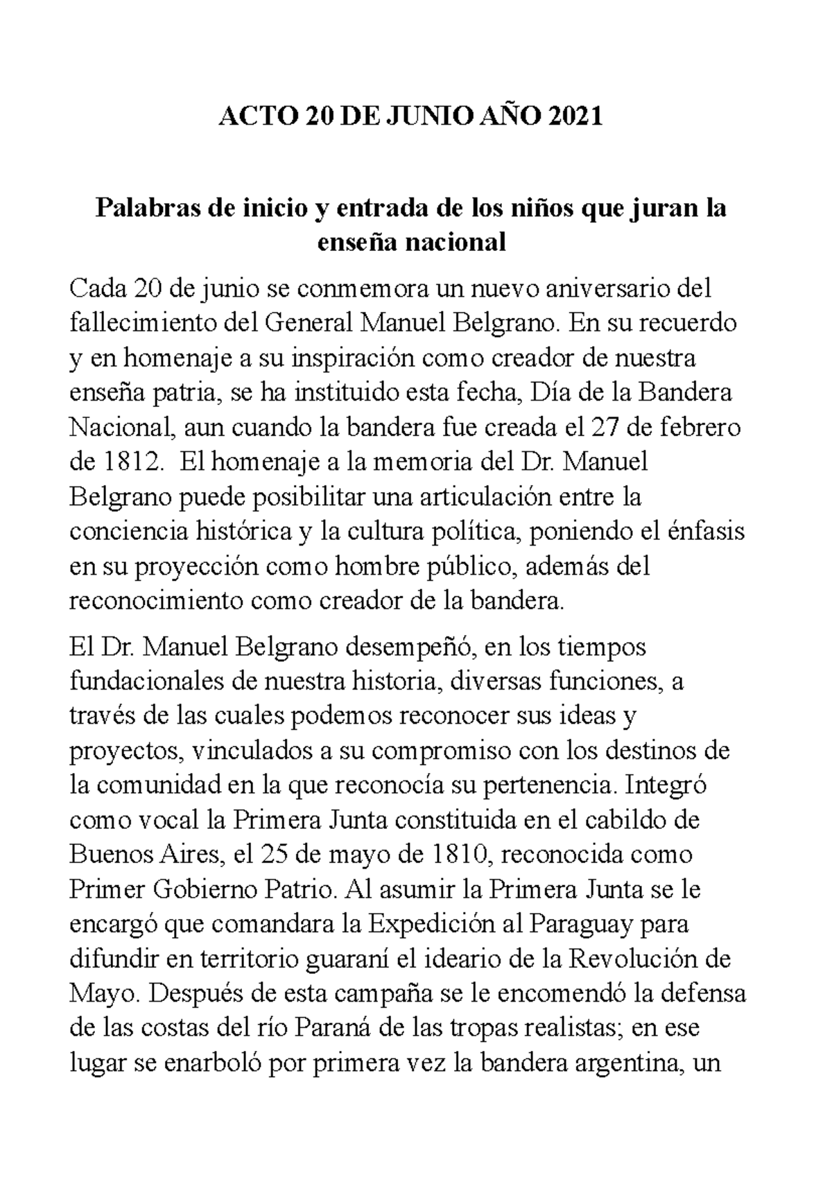 ACTO 20 DE Junio A O 2021 ACTO 20 DE JUNIO A O 2021 Palabras De