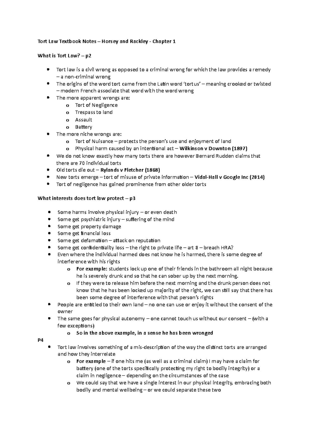 Tort - CH 1 - Introduction to Tort Law - Tort Law Textbook Notes Horsey ...