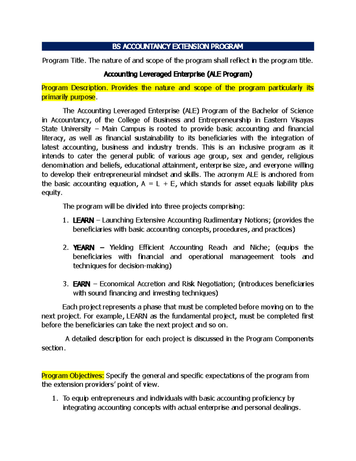 ALE Program (BSA Extension Program) BS ACCOUNTANCY EXTENSION PROGRAM