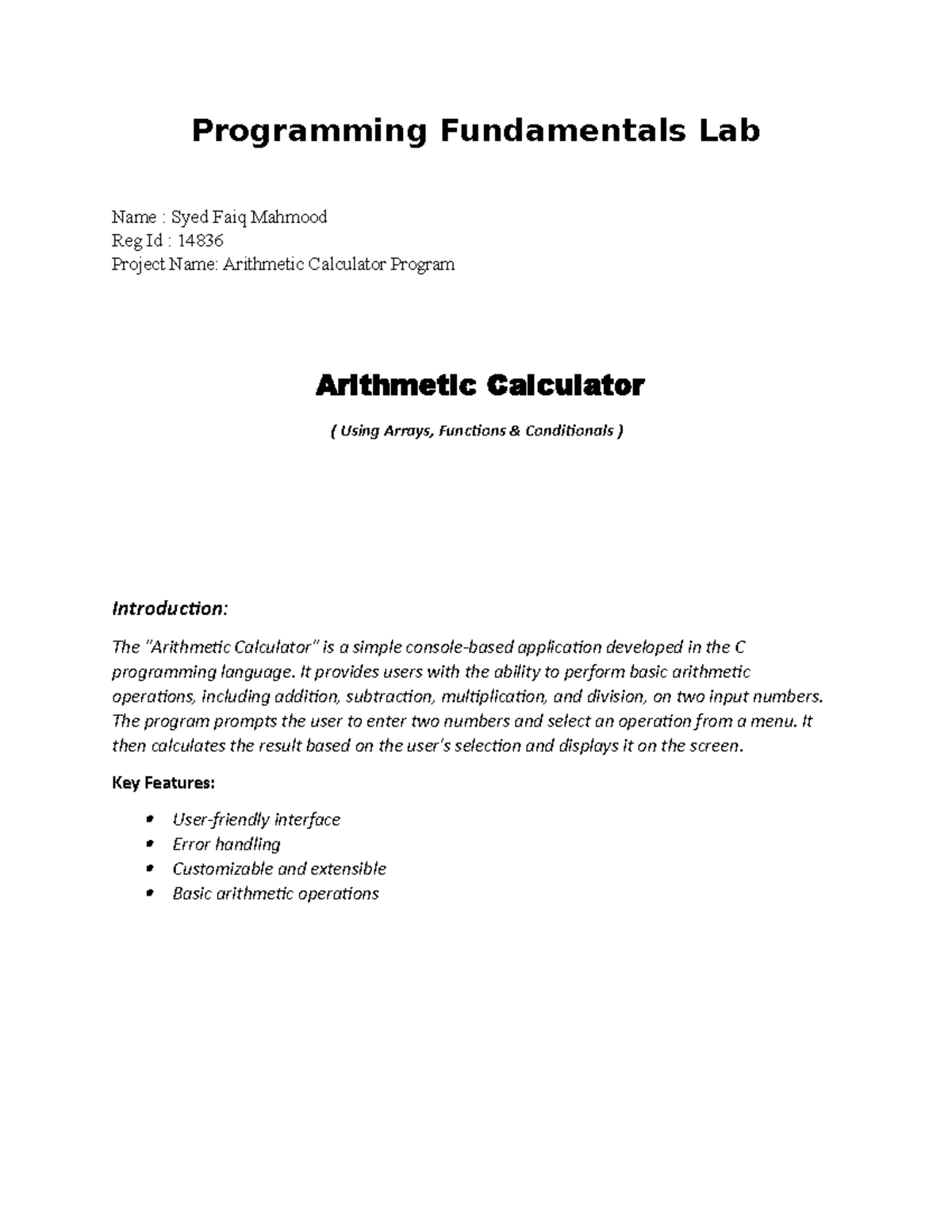 Arithmetic Calculator Program - Programming Fundamentals Lab Name ...