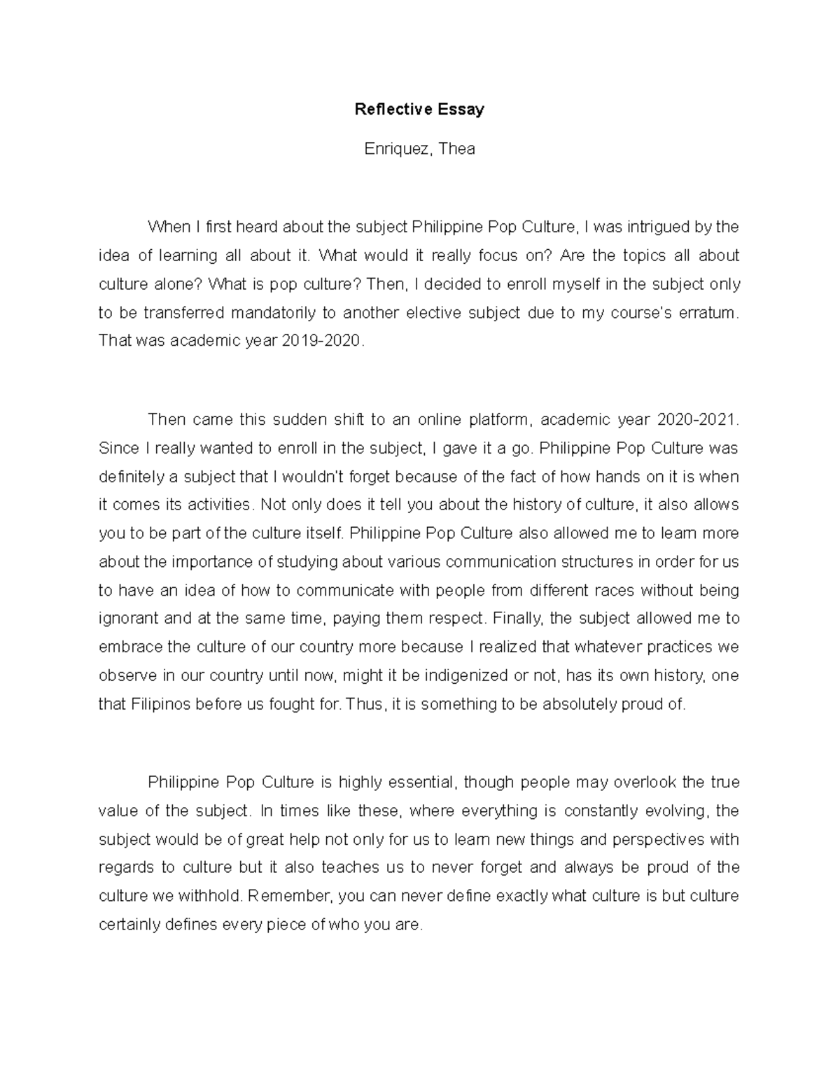 Reflective Essay - This is personal work. - Reflective Essay Enriquez ...