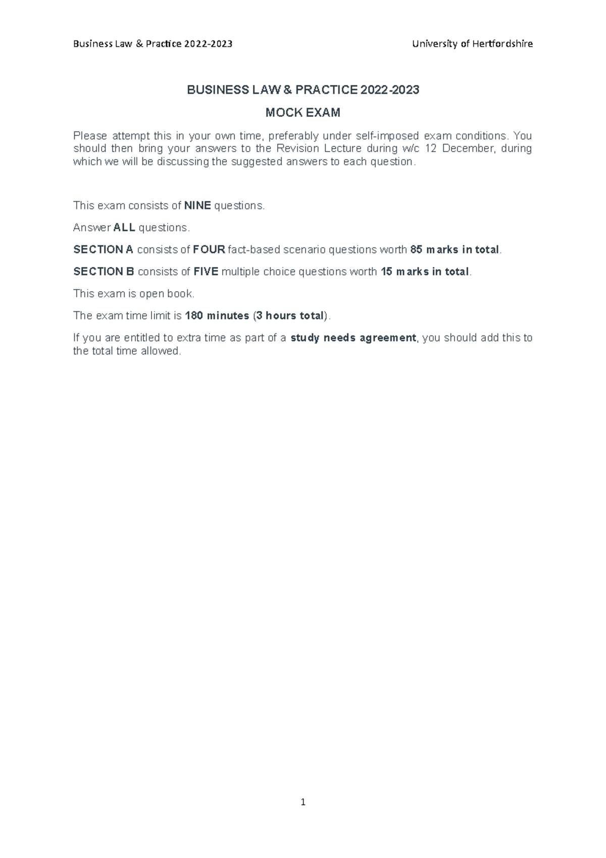 BLP Mock Question Paper 2022-2023 - BUSINESS LAW & PRACTICE 2022- MOCK ...