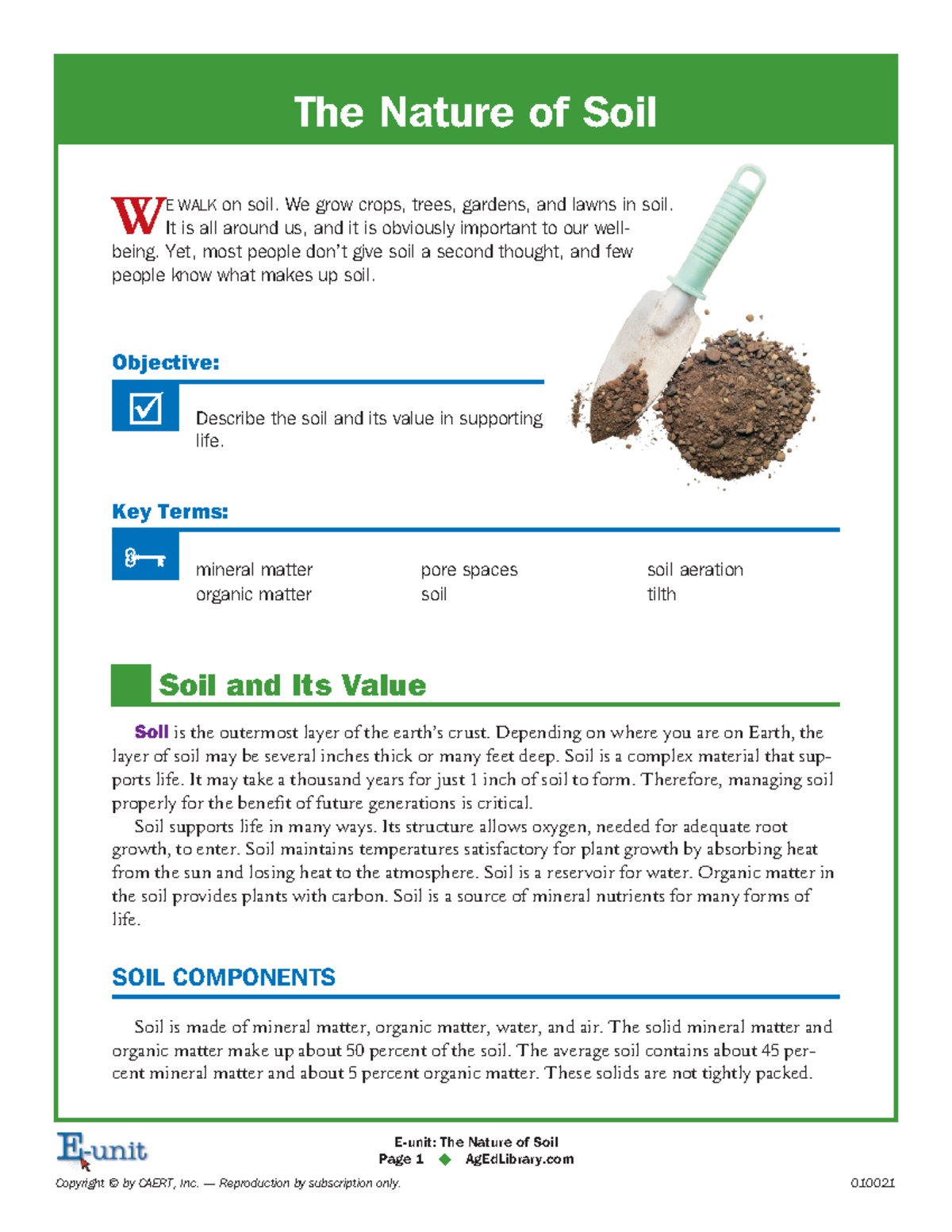 Basic Soil E Unit homework for practice The Nature of Soil W E WALK