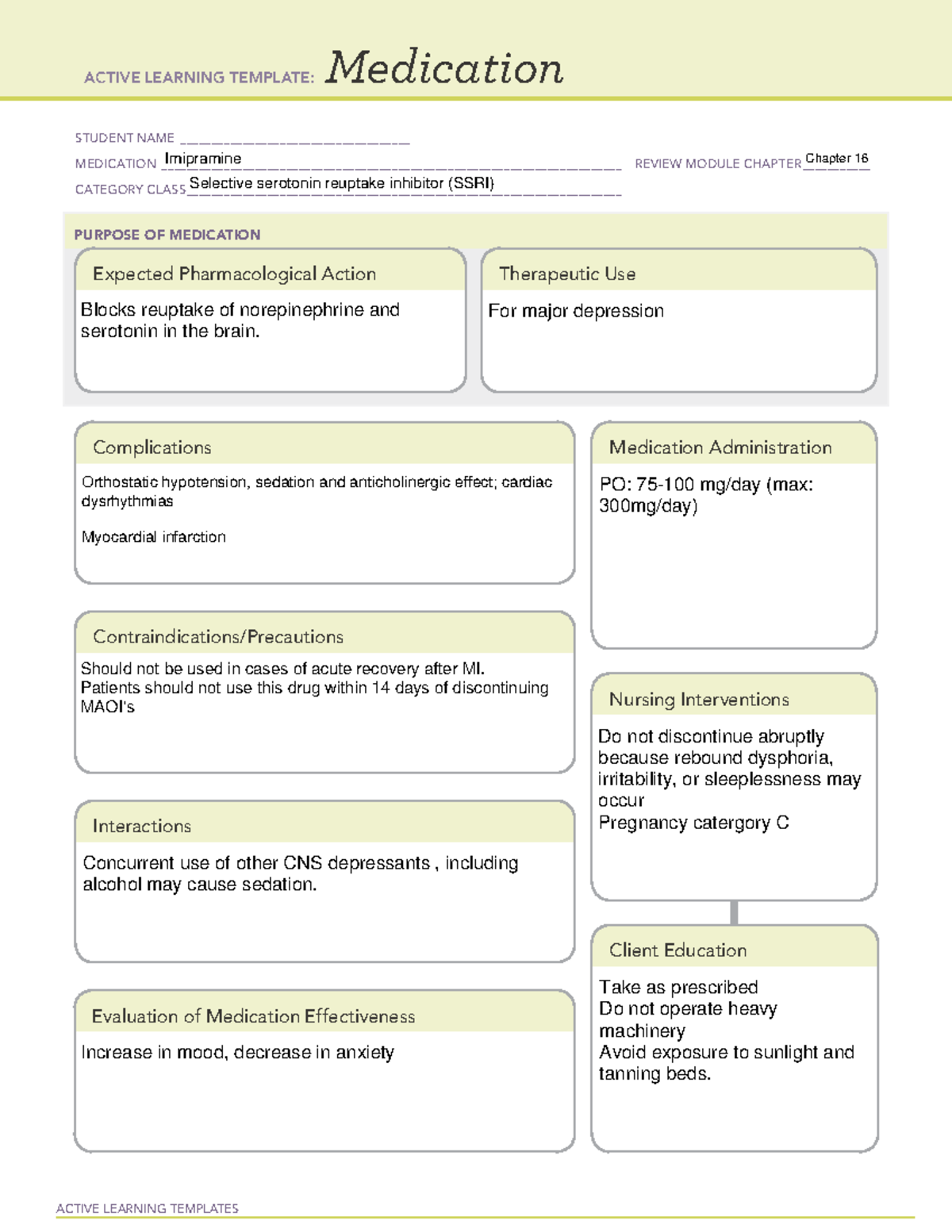 Medication restricted -Imipramine Ch 16 - ACTIVE LEARNING TEMPLATES ...