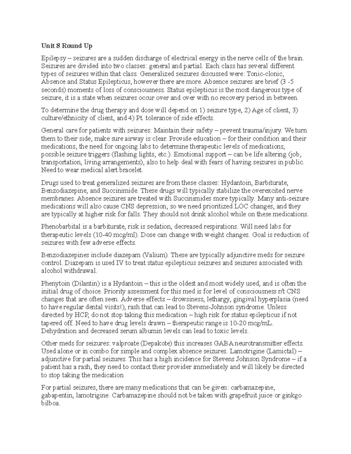 Unit 8 Round Up - Study document that helps cover seizure medications ...