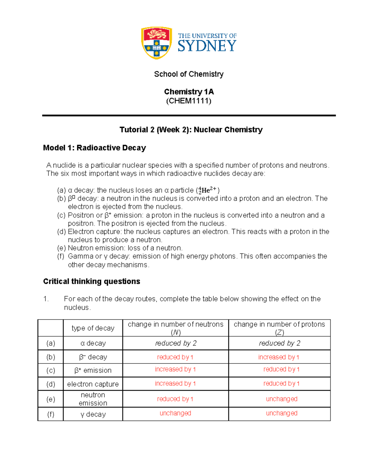 Tutorial 02 - School Of Chemistry Chemistry 1A (CHEM1111) Tutorial 2 ...