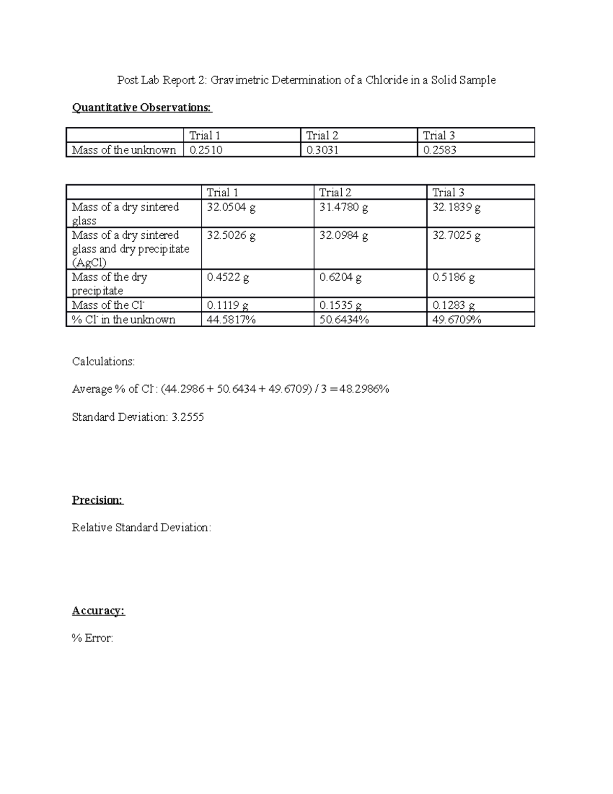 CHM3120C Post-Lab Report 2 - Post Lab Report 2: Gravimetric ...