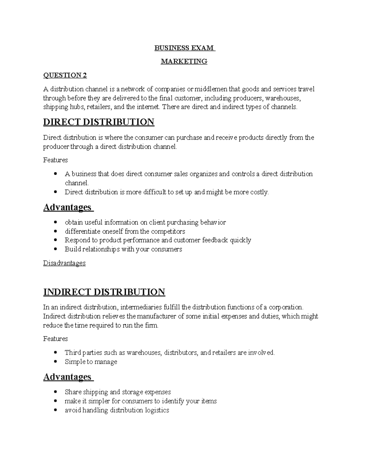 Document 2 - Question 2 Marketing Exam - Business Exam Marketing 