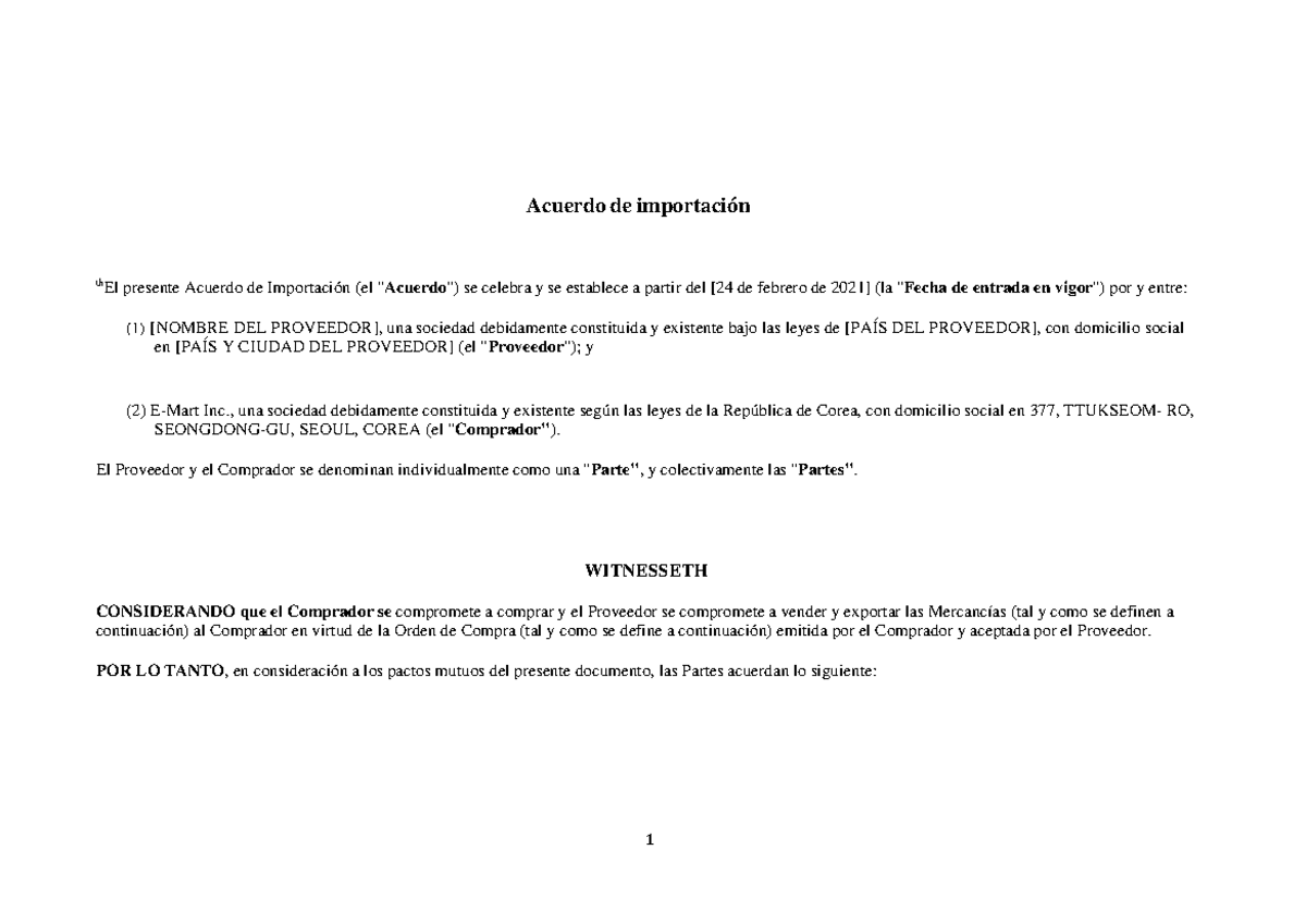 2021 Master Import Agreement es Acuerdo de importación thEl presente