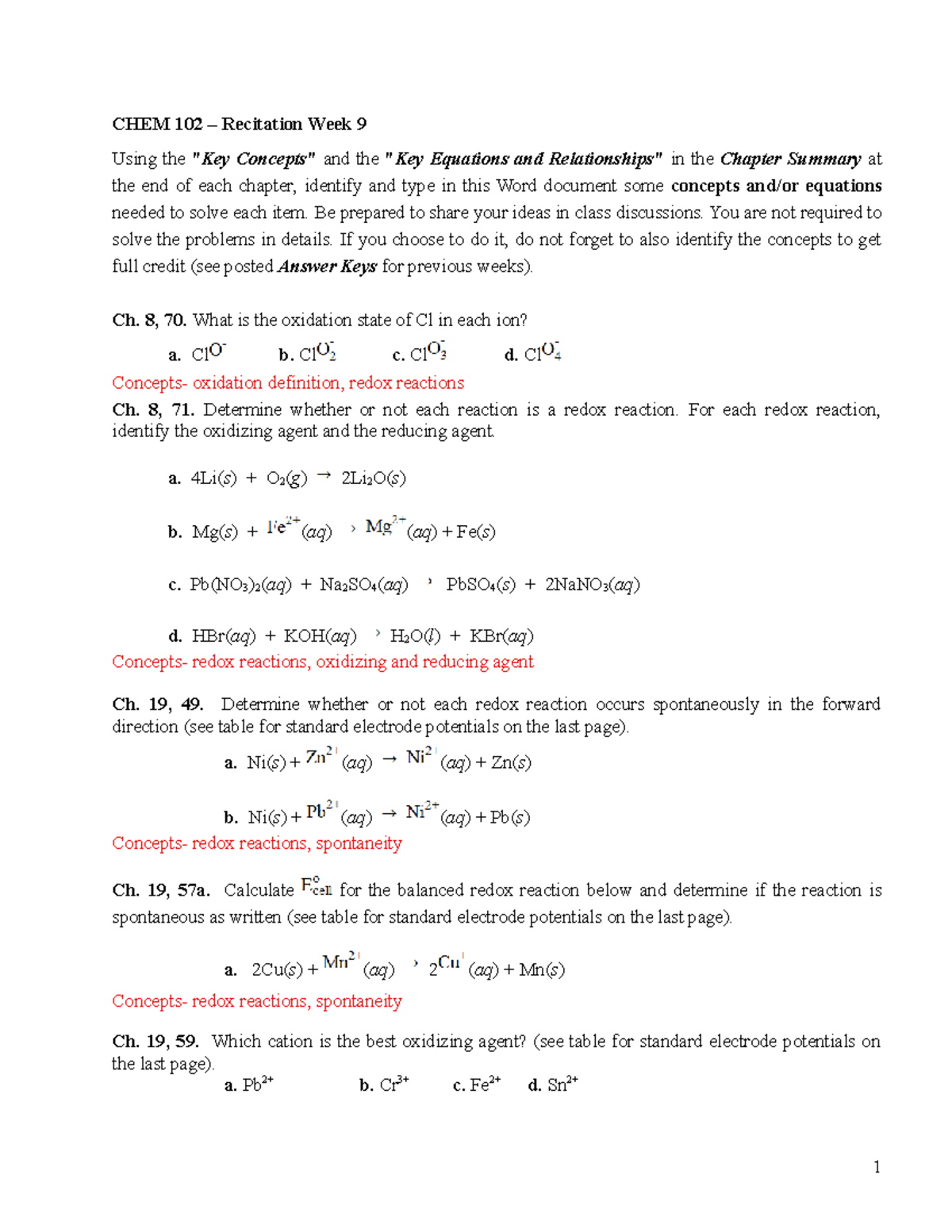 Chem 102 Recitation Week9 W21 - Chem 102 – Recitation Week 9 Using The 