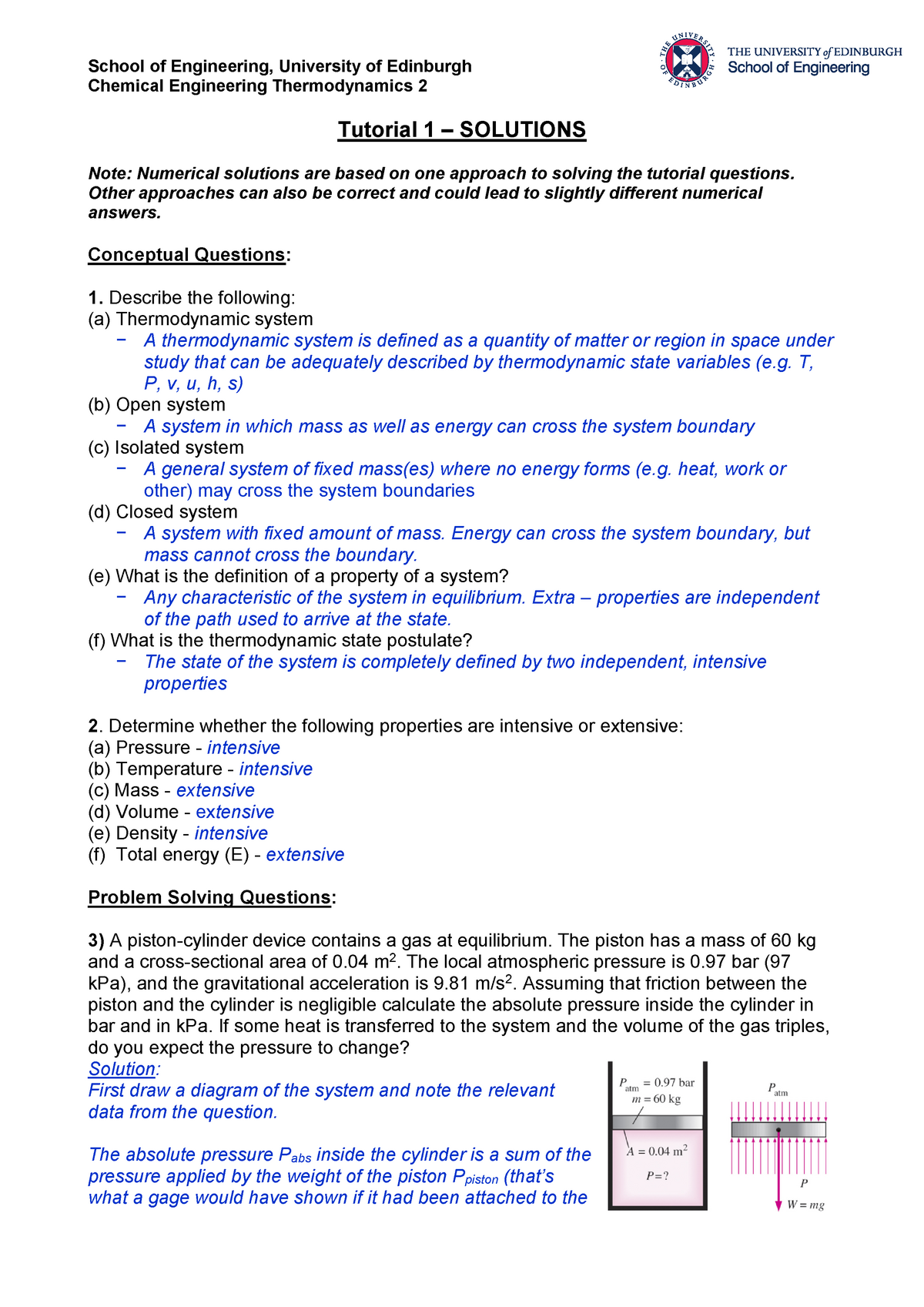 Tutorial 1 - Solution - Chemical Engineering Thermodynamics 2 Tutorial ...