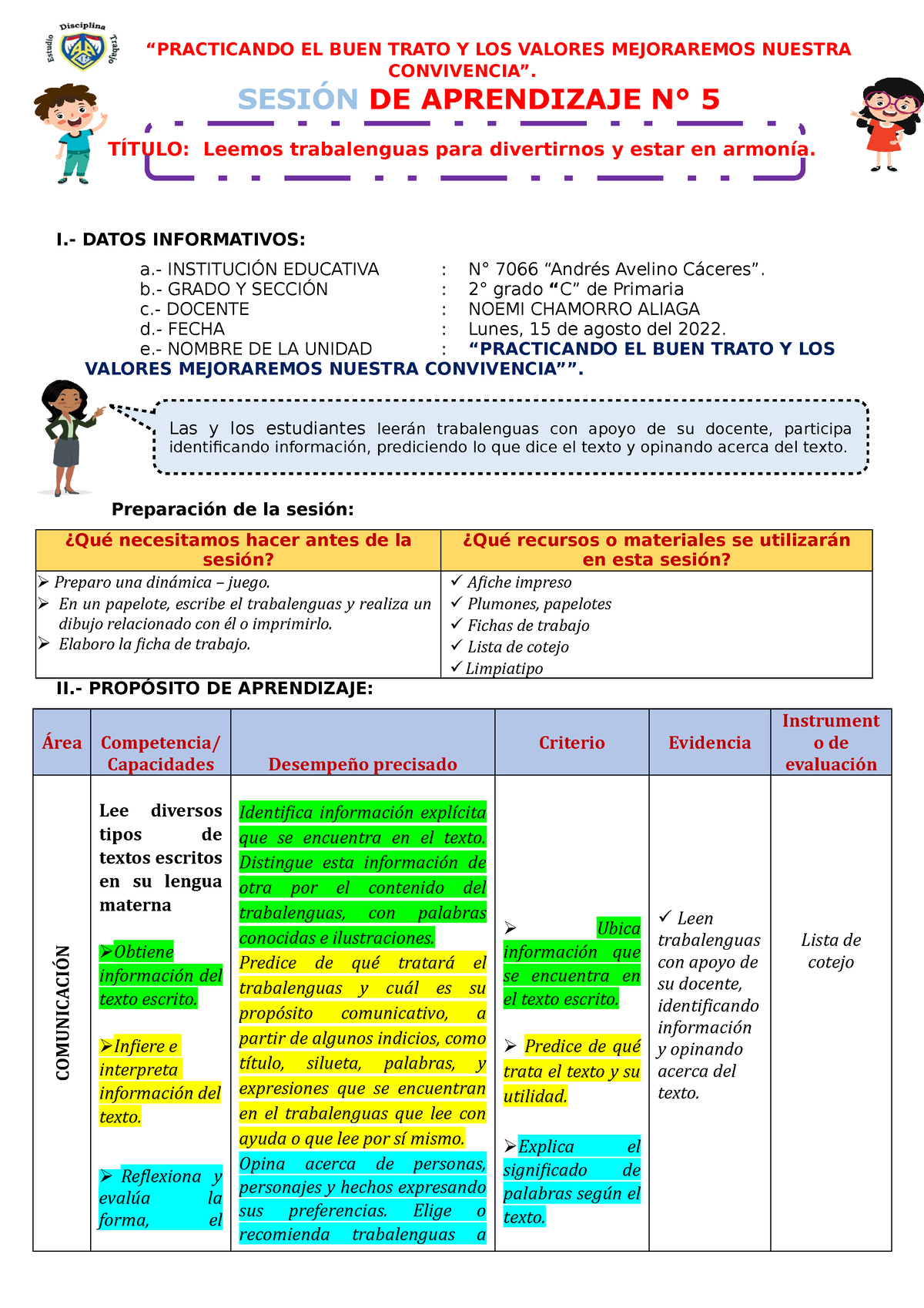 Sesion Comunicacion Leemos Trabalenguas - CONVIVENCIA”. SESIÓN DE ...