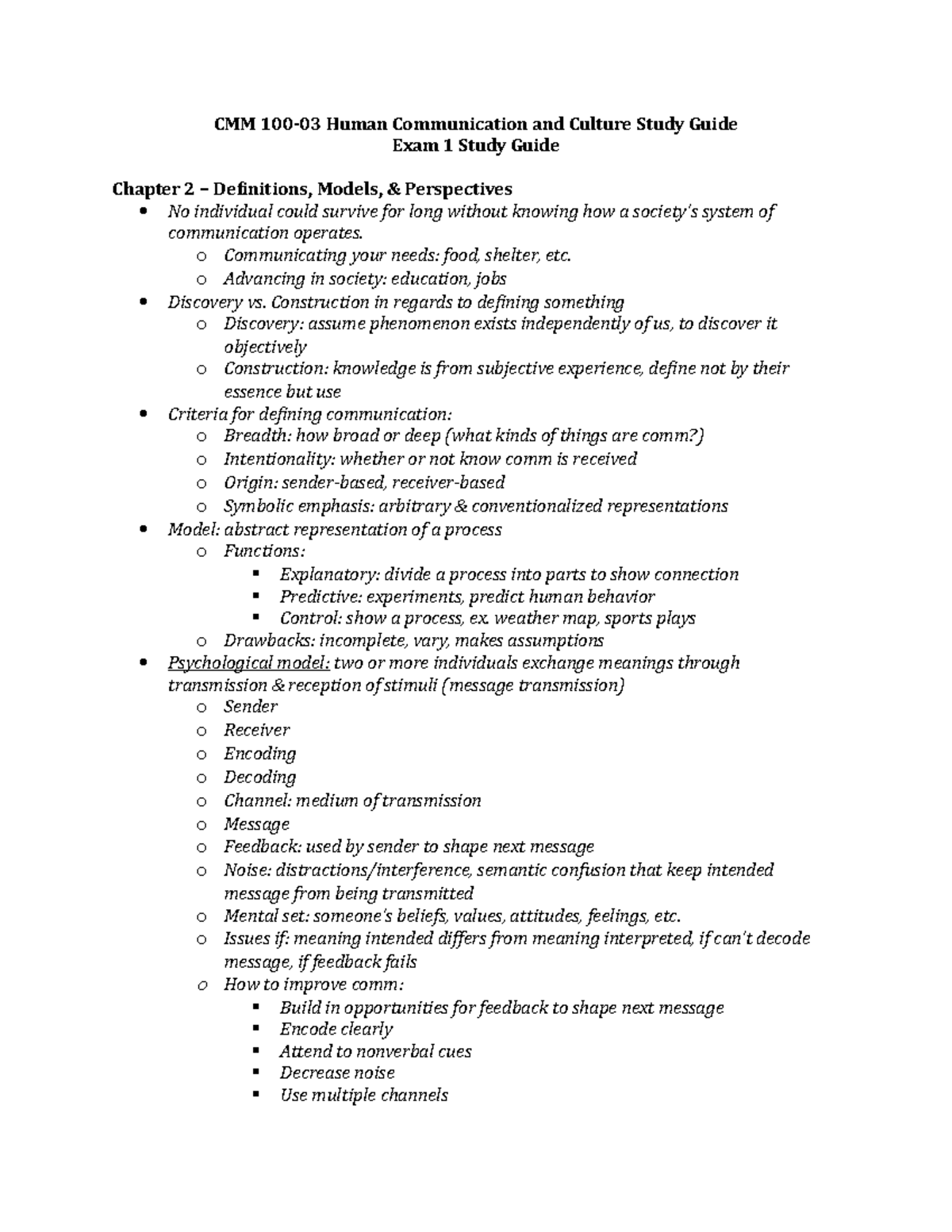 Exam 1 Study Guide - CMM 100-03 Human Communication and Culture Study ...