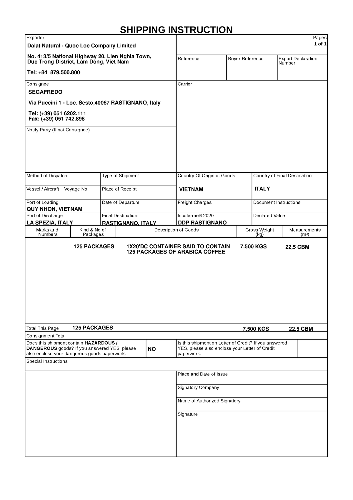 Shipping Instruction - SI - SHIPPING INSTRUCTION Exporter Pages 1 of 1 ...