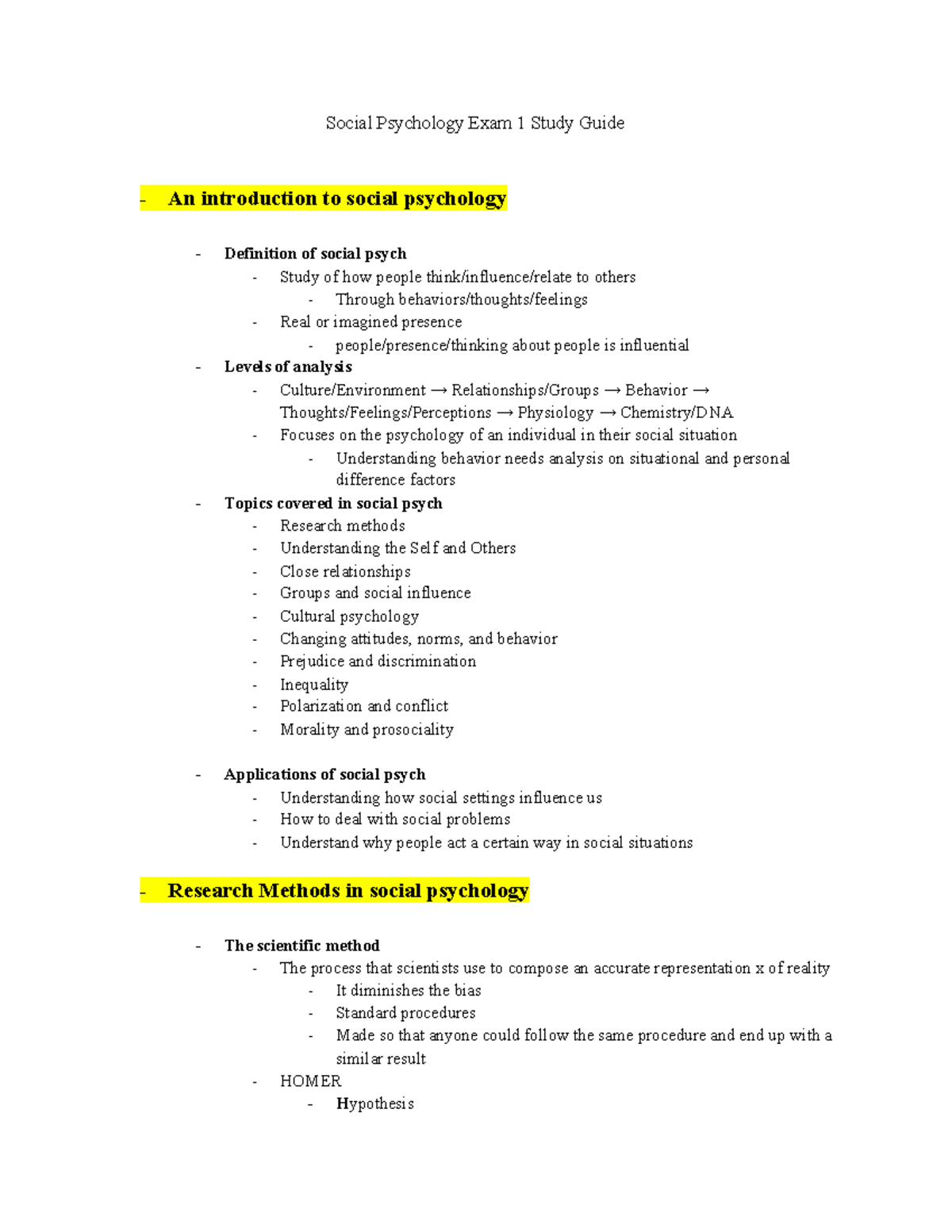 Study Guide For Exam 1 Assignment (Psych 312) - Social Psychology Exam ...