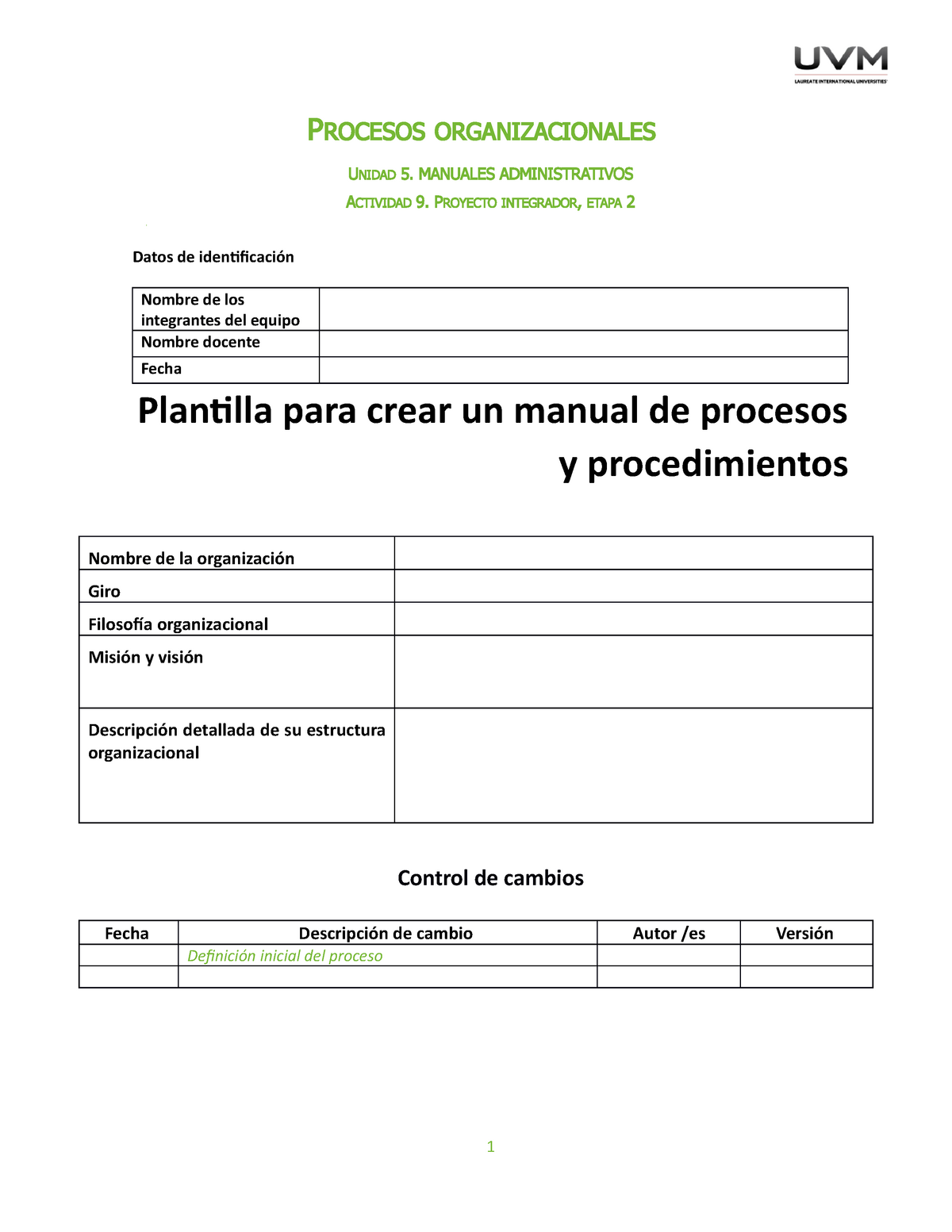 U5 Plantilla Para Crear Manual De Procesos Y Procedimientos Procesos Organizacionales Unidad 5 2039