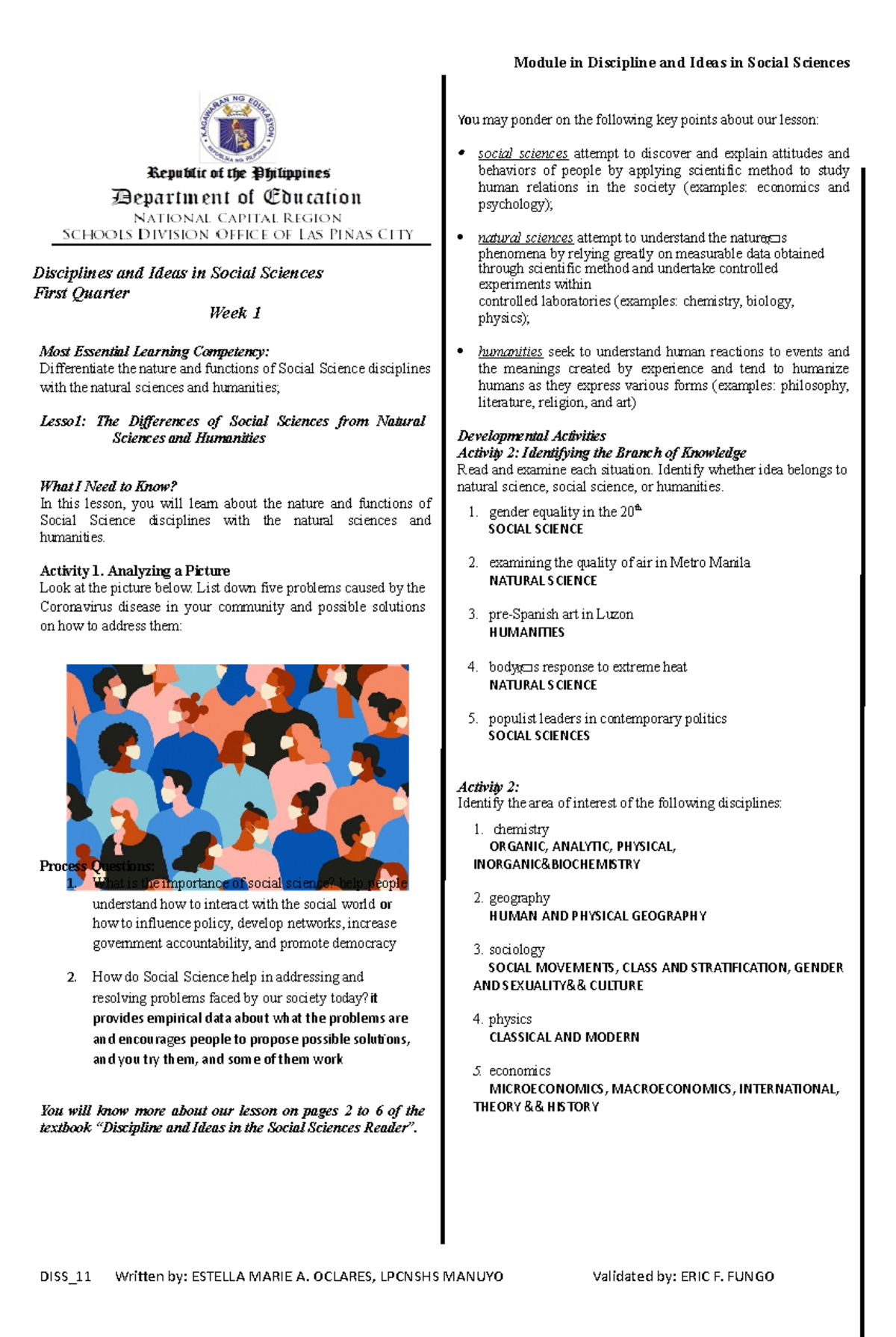 Grade 11 diss module no 1doc Module in Discipline and Ideas in Social