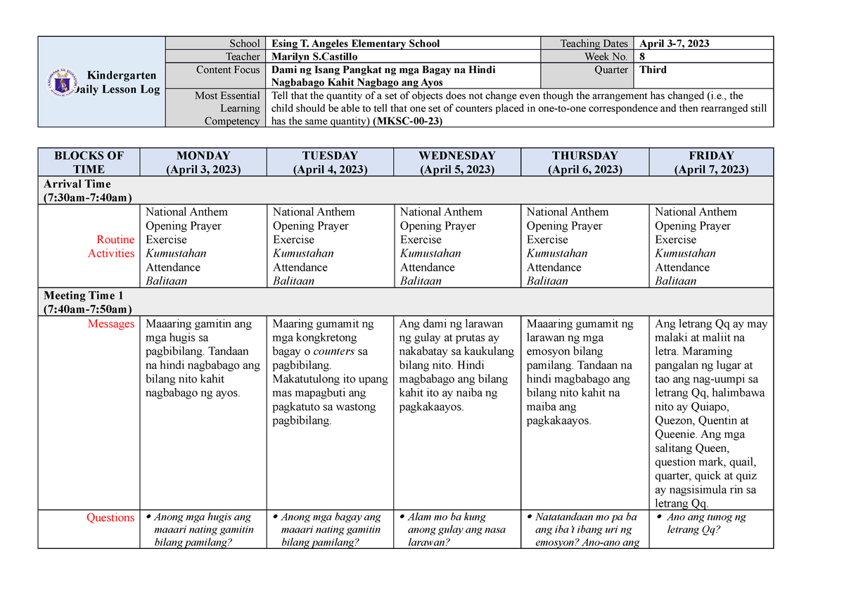 Kindergarten Dll Melc Q3 Week 8 Asf Kindergarten Daily Lesson Log School Esing T Angeles 9988