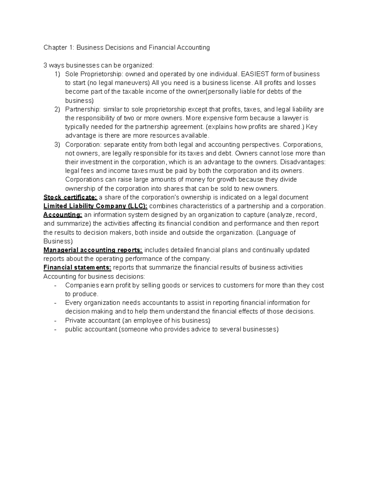 Chapter 1 Notes - Chapter 1: Business Decisions and Financial ...