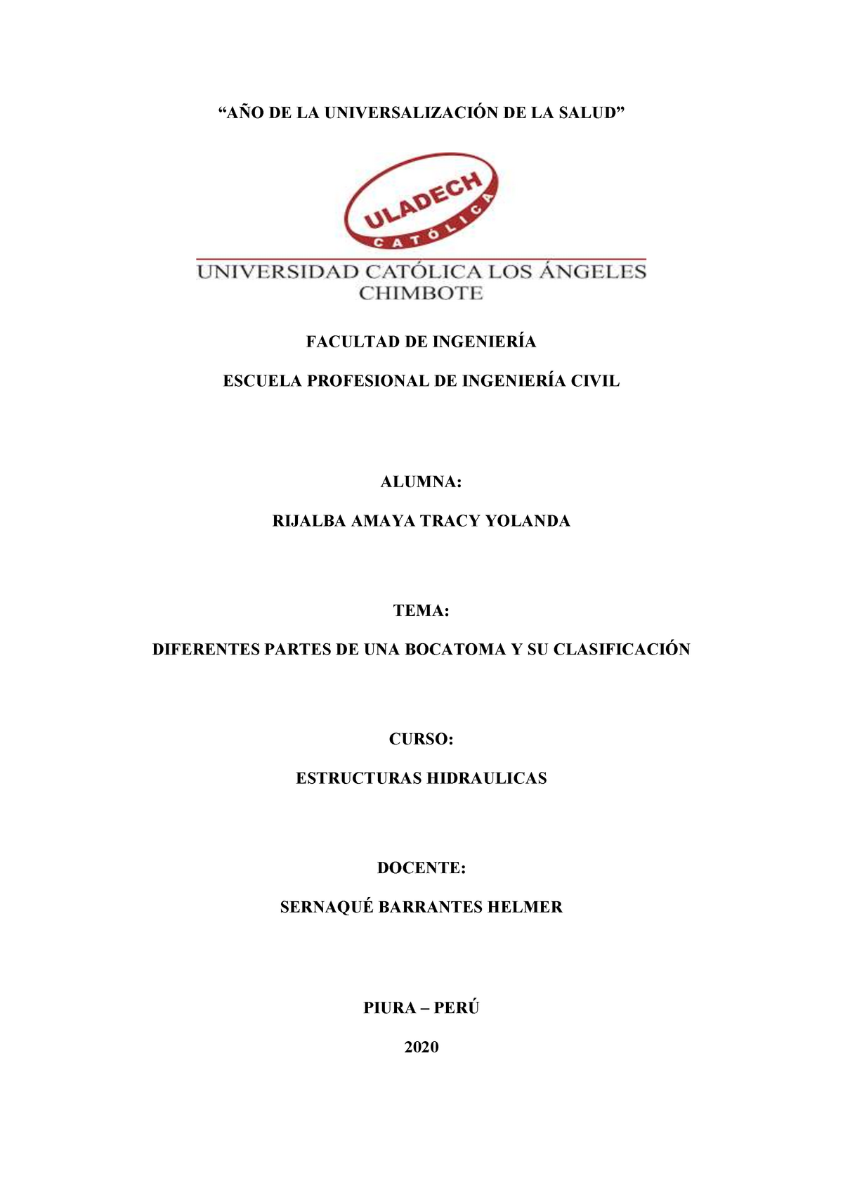 Diferentes Partes De Una Bocatoma Y Su Clasificación “aÑo De La UniversalizaciÓn De La Salud 7666