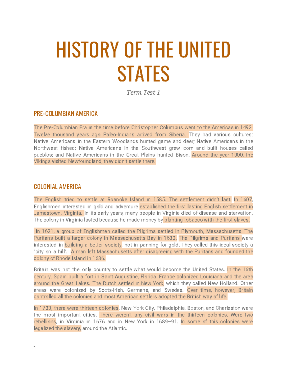 History Of The United States - HISTORY OF THE UNITED STATES Term Test 1 ...