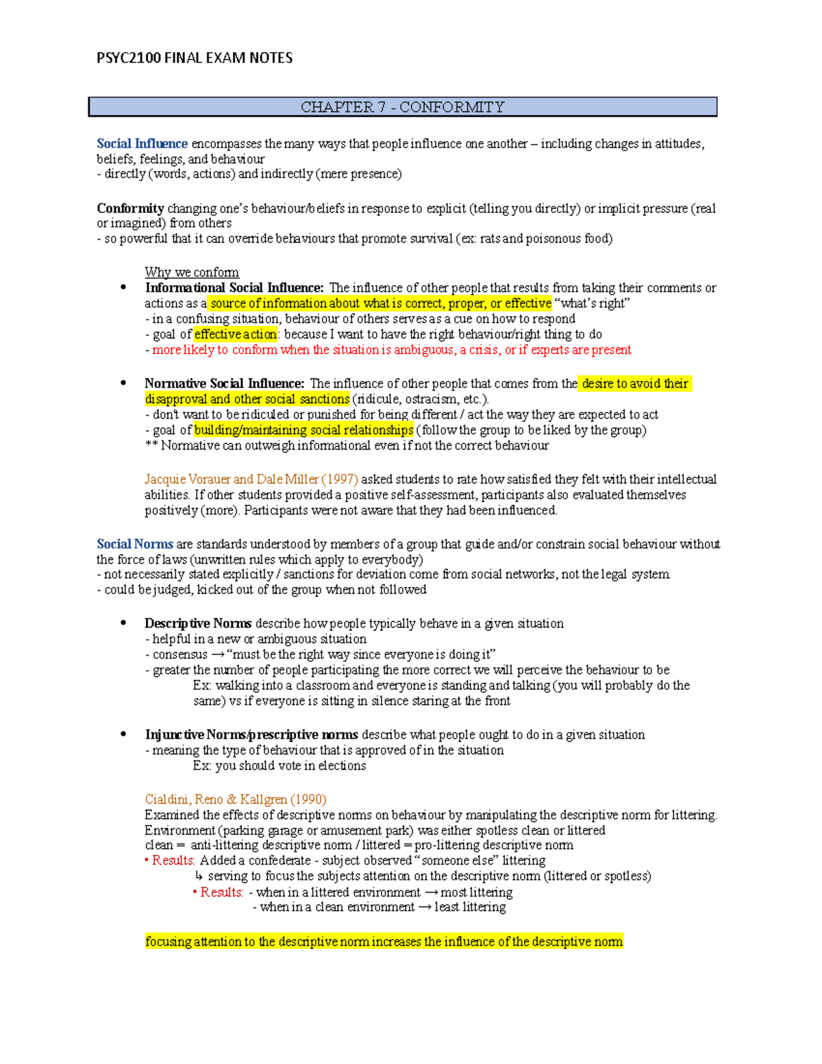 Final Exam CH7,8,12 Notes - CHAPTER 7 - CONFORMITY Social Influence ...