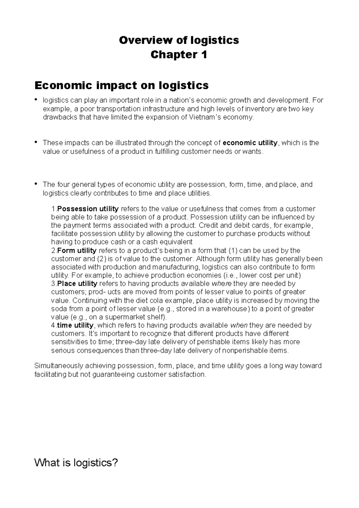 Logistics chapter 1 2 - Notes - Overview of logistics Chapter 1 ...
