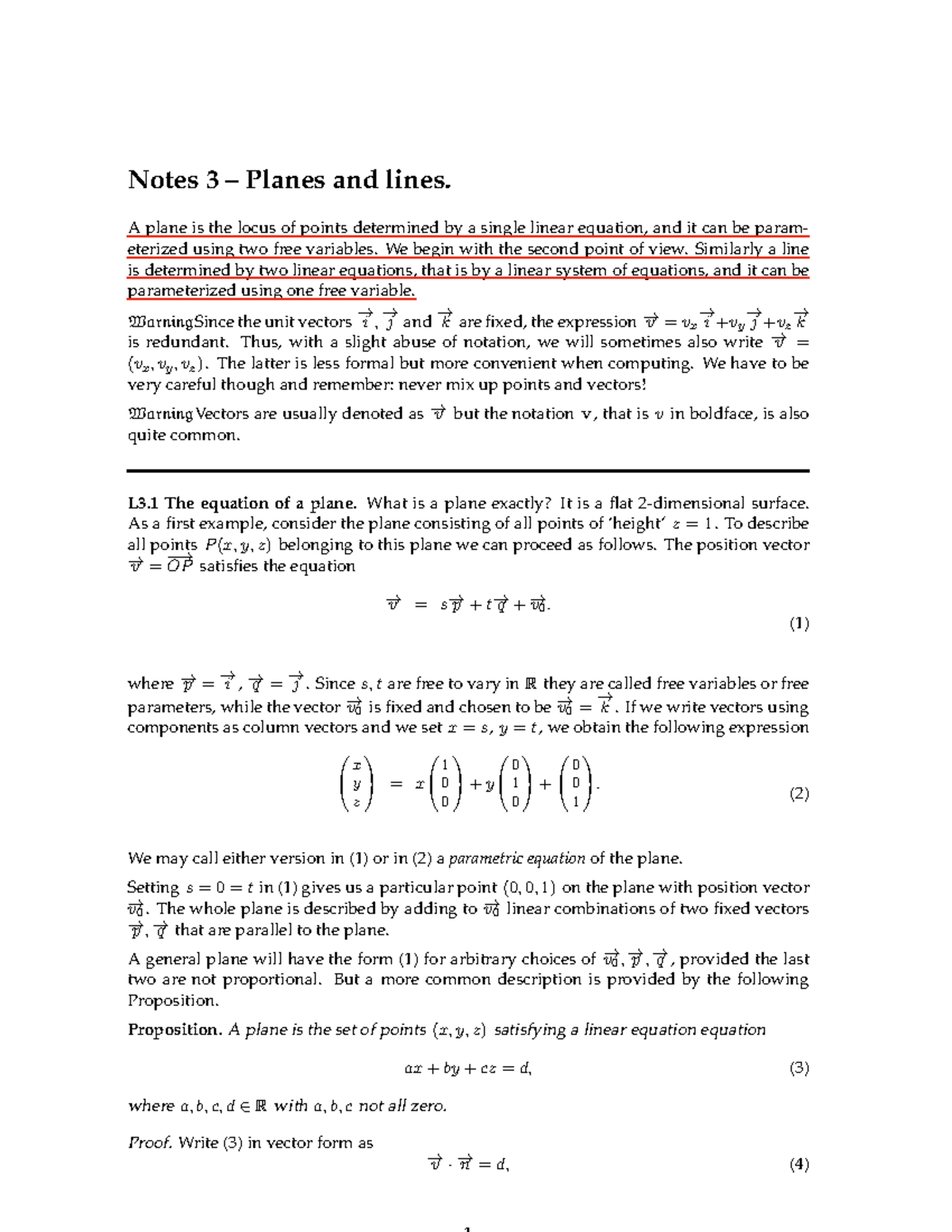 LAG3en V1 - Linear Algebra Third Lecture Notes - Notes 3 – Planes And ...