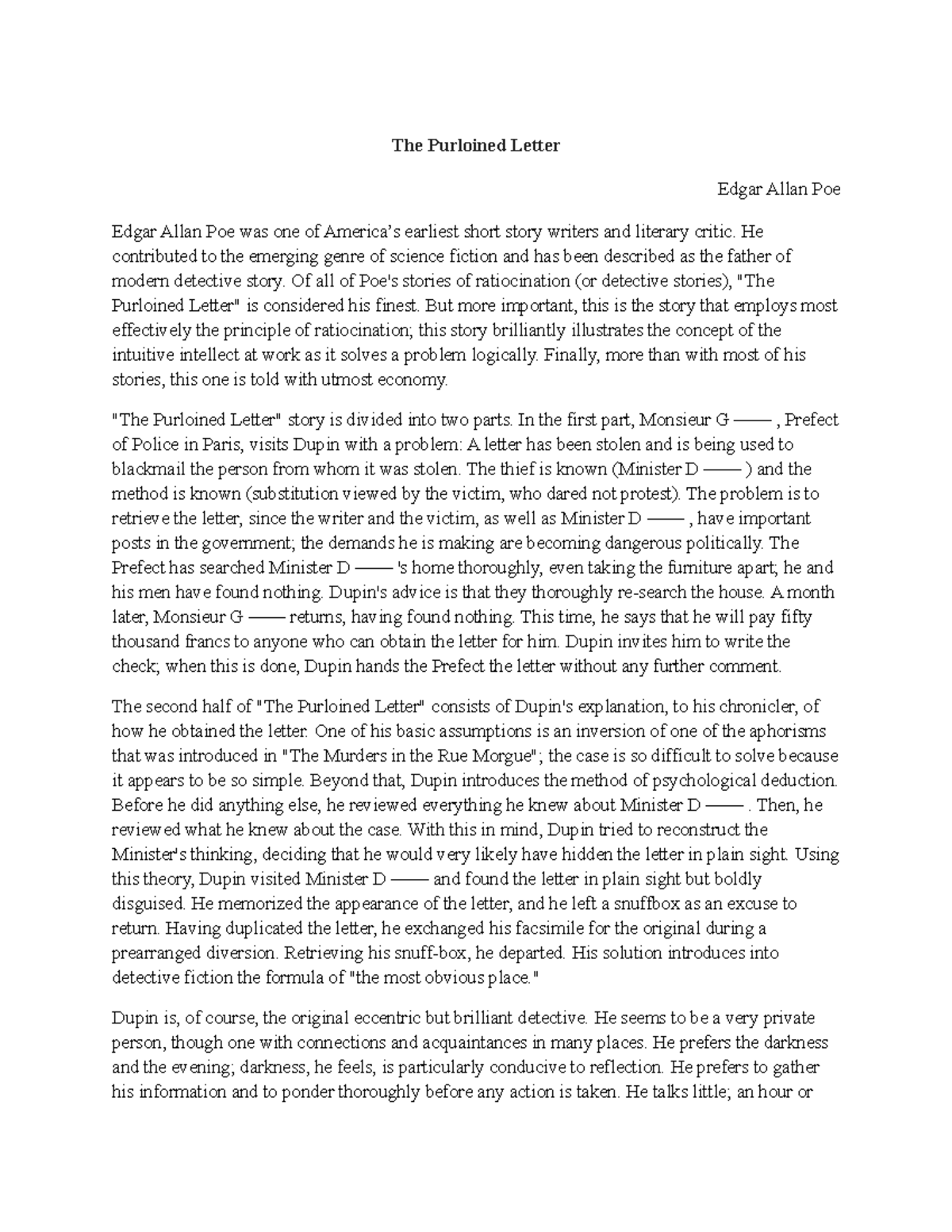 The Purloined Letter Summary The Purloined Letter Edgar Allan Poe 