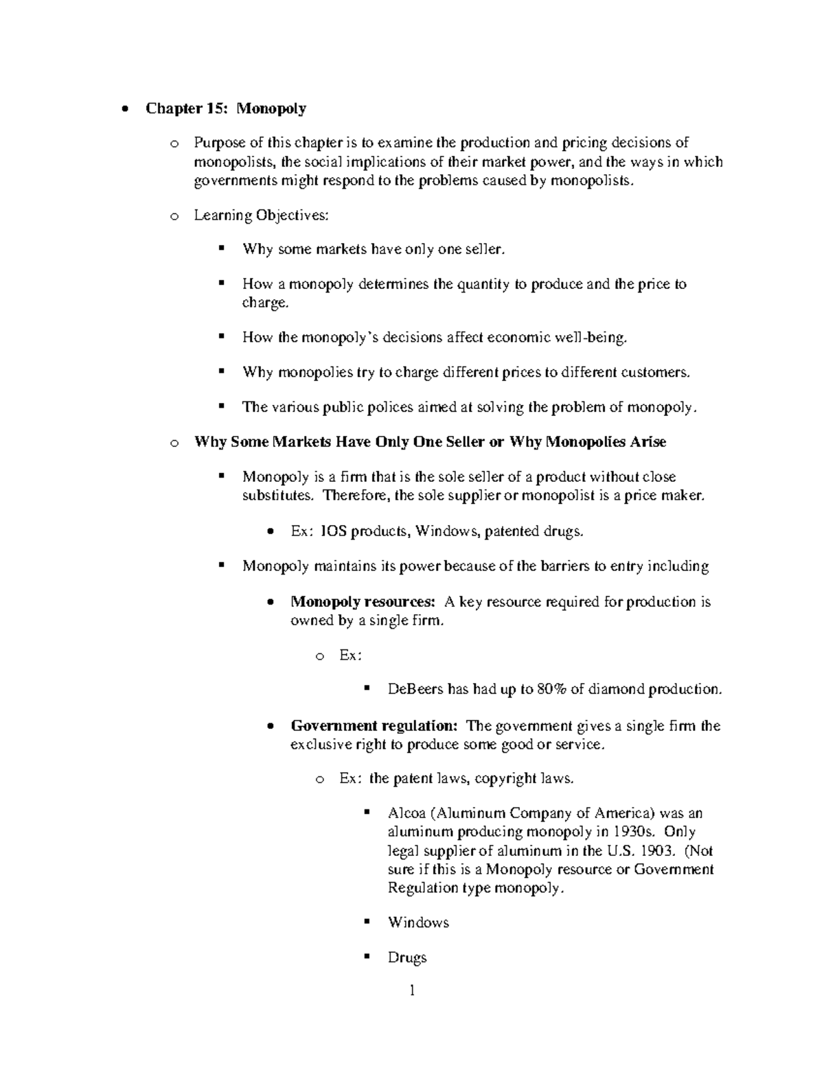 Notes 15 - note - Chapter 15: Monopoly o Purpose of this chapter is to ...